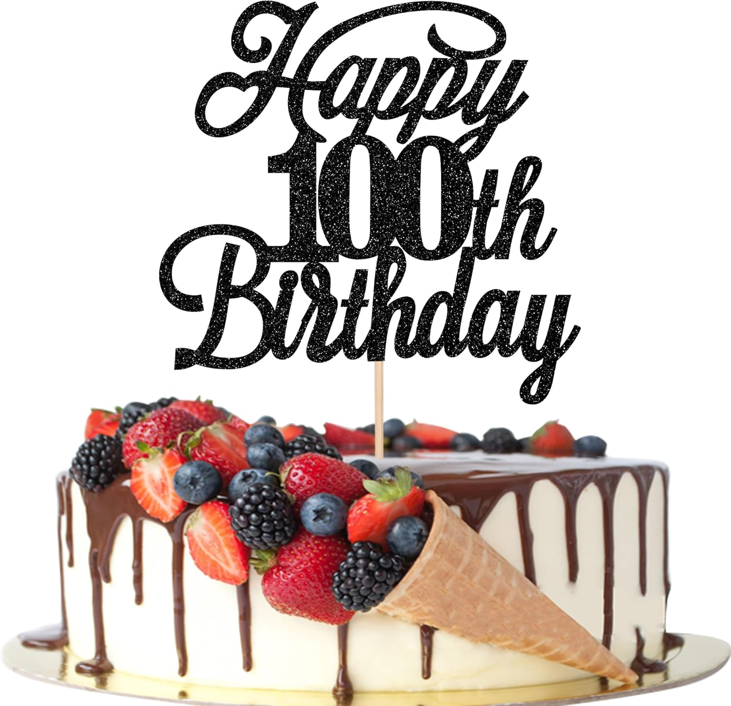 Rsstarxi 1 Pack Happy 100Th Birthday Cake Topper Black Glitter 100 & Fabulous Cheers to Years Old Pick for Celebrating 100Th Anniversary Party Decorations Supplies, Black 100Th (Xm063-Black 100Th)