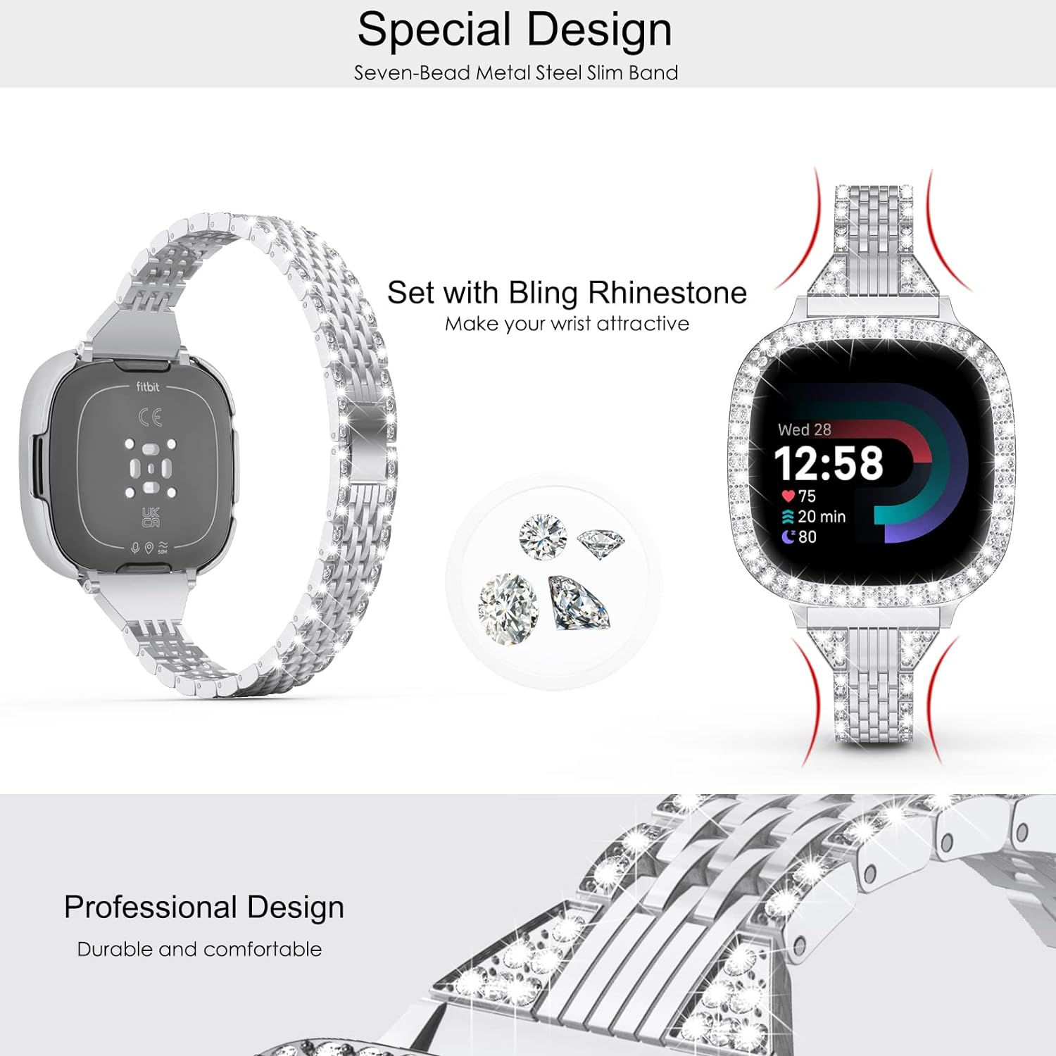 MOFREE Compatible for Fitbit Versa 4 Bands/Fitbit Sense 2 Bands Women with Hard Bling Bumper Protective Case Cover, Dressy Jewelry Diamond Rhinestone Metal Wristband for Fitbit Versa 4/Sense 2 image number 6