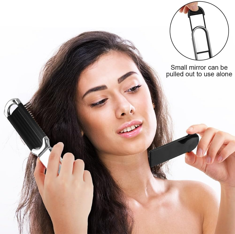 2 Pcs Folding Hair Brush with Mirror - Mini Travel Portable Pocket Size Comb with Soft Nylon Bristles, Collapsible Anti-Static Compact Styling Tool for Gym, Swimming image number 2
