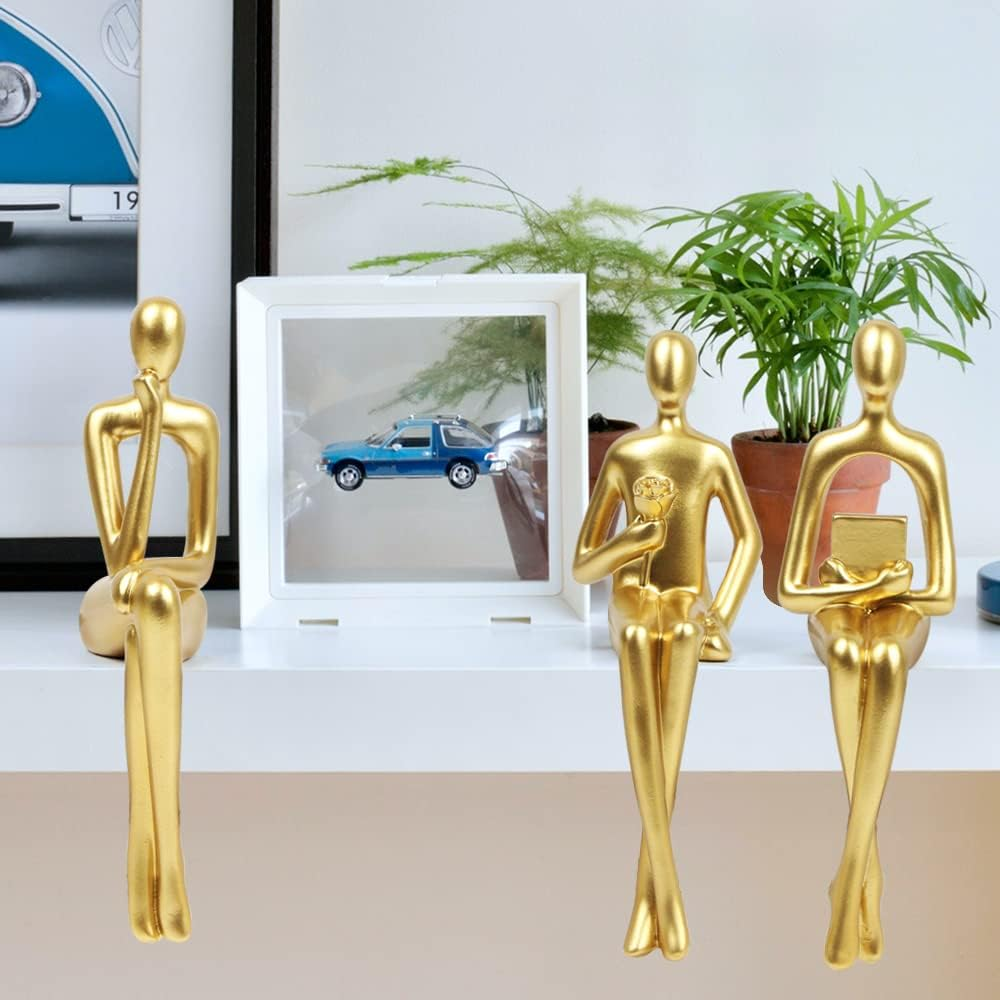 Kilarero 3Pcs Gold Decor Sitting Thinker Statue Abstract Sculpture, Bookshelf Decor Accents Resin Collectible Figurines for Home Office Living Room Table Desktop Decor(Gold)