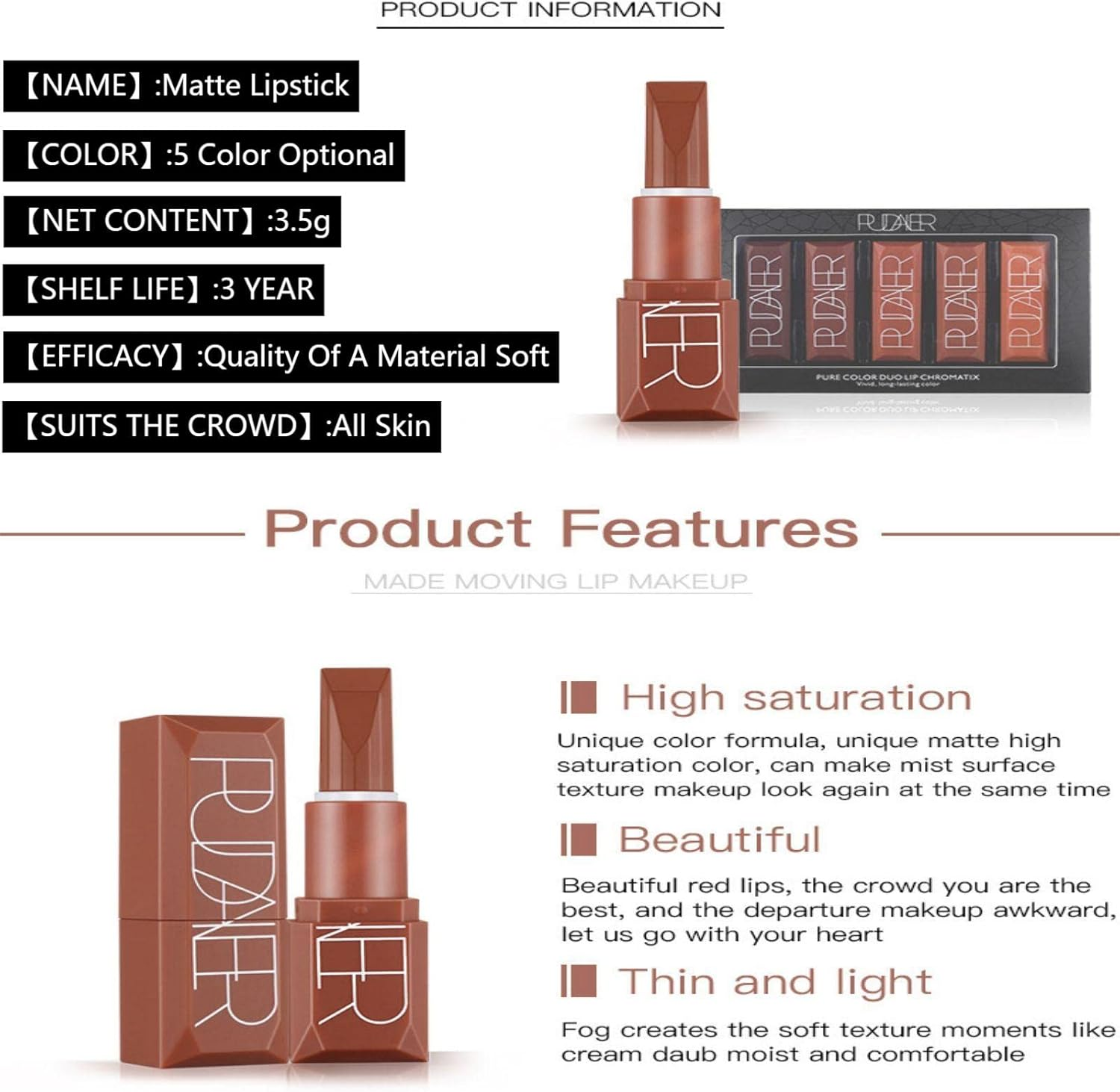 Enmart 5 Colors Matte Lipstick Set - Nude Velvet Moisturizing Lipstick for Women, Long Lasting & Transfer-Proof, Non-Drying, Gift Set (Birthday/Valentine) image number 3