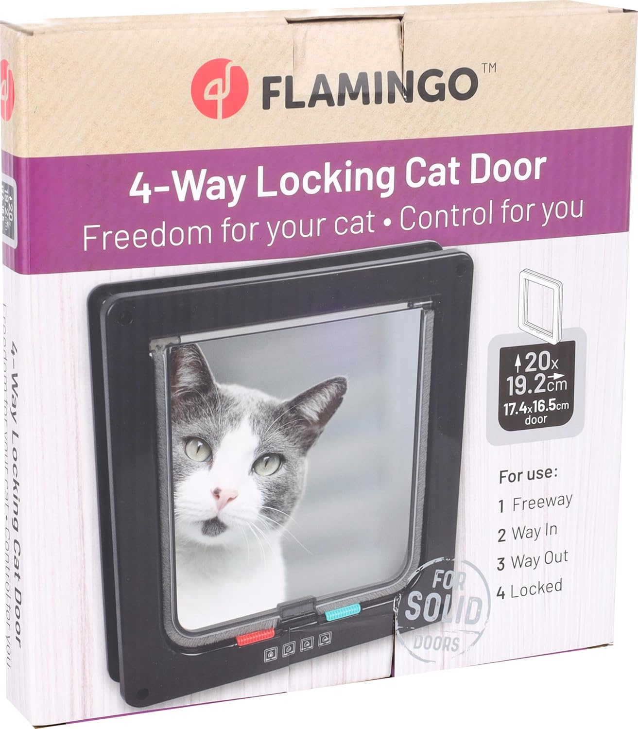 Flamingo Black Tami Cat Flap &ndash; 20 X 19.3 Cm &ndash; Easy to Assemble with Template &ndash; Sliding Knob with 4 Positions &ndash; Suitable for All Door Thicknesses