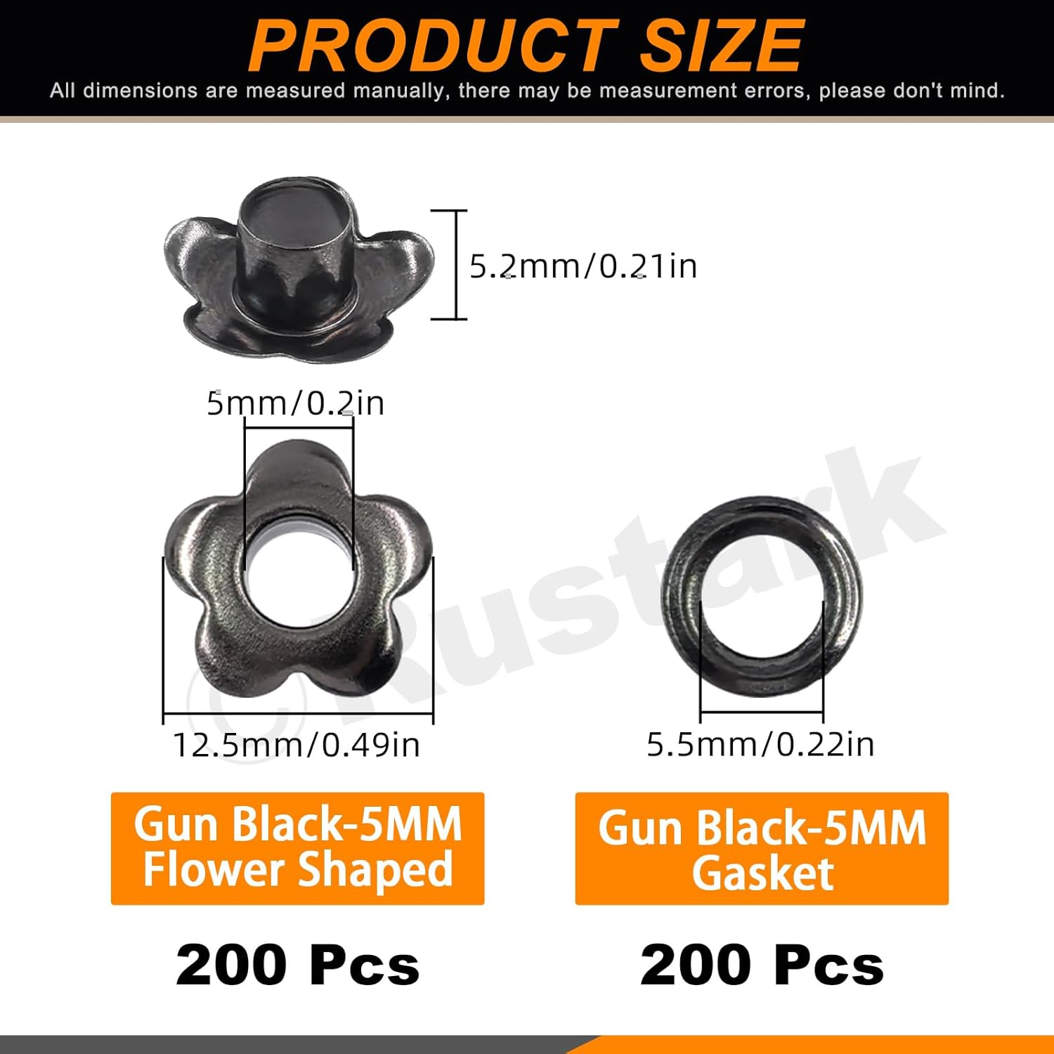 Rustark 200Pcs 5Mm Black Flower Eyelet Grommets Assortment Kit Floral Metal Eyelets Grommets Flower Shaped Craft Eyelets Findings for Shoes Clothes Leather DIY Craft image number 3