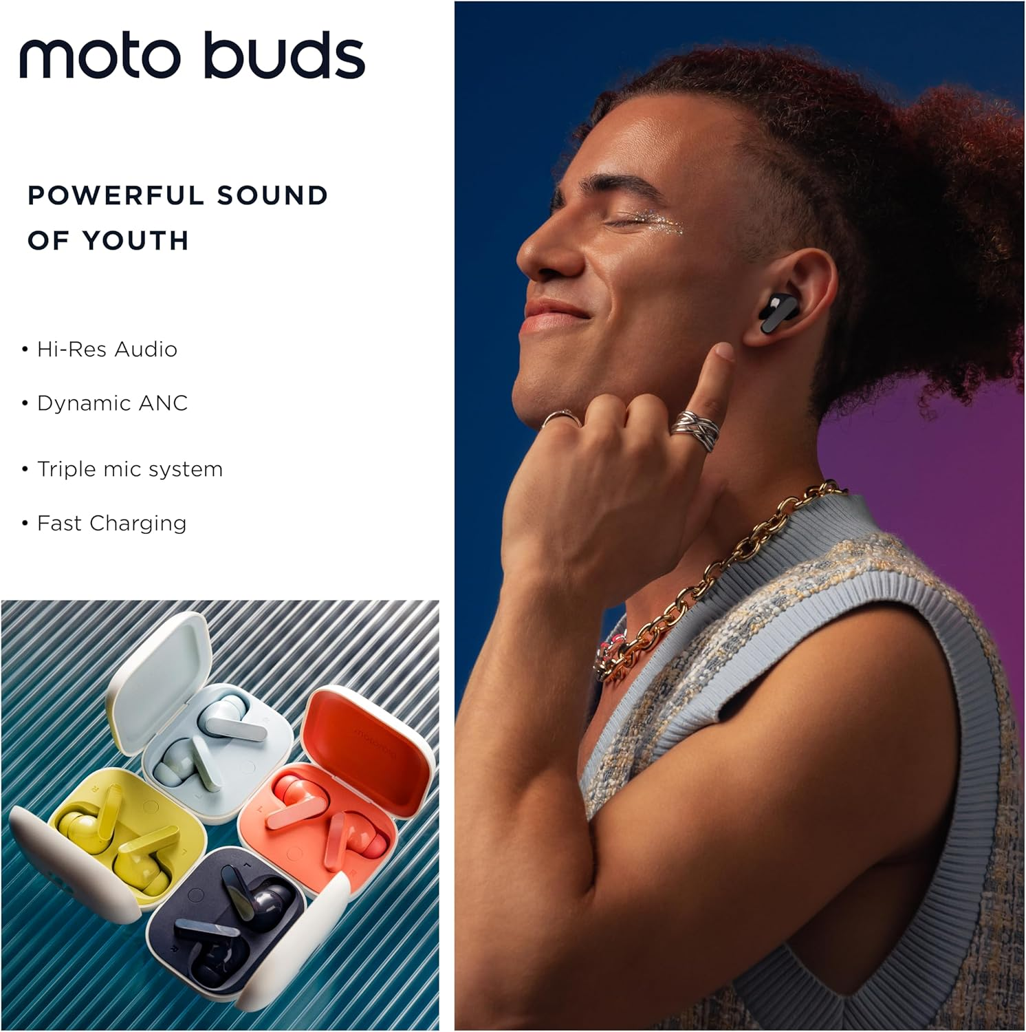 Motorola Moto Buds (Bluetooth 5.3 Earbuds, Hi-Res Sound, Dolby Atmos, Active Noise Cancellation, Wireless Charging, up to 42 Hours Battery Life, 3-Way Microphone System) Starlight Blue image number 4