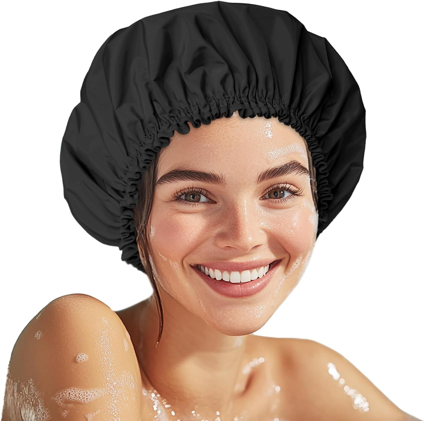Shower Cap for Women, Double Layer Waterproof Bath Cap, Reusable Hair Protector, Large Waterproof Shower Bonnet Washable Elastic Band Bath Hair Hat for Long Hair, Braids， - Dark Green