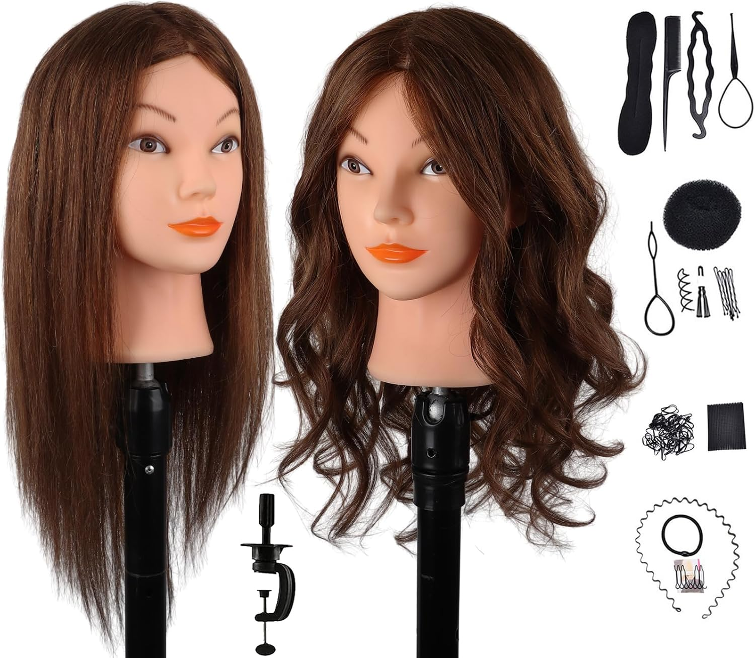 Mannequin Head with 100% Real Hair, 18" Dark Brown Natural Human Hair Hairdressing Doll Head for Practicing Hair Styling, Curling, Straightening, Coloring with Clamp & Styling Tools image number 5