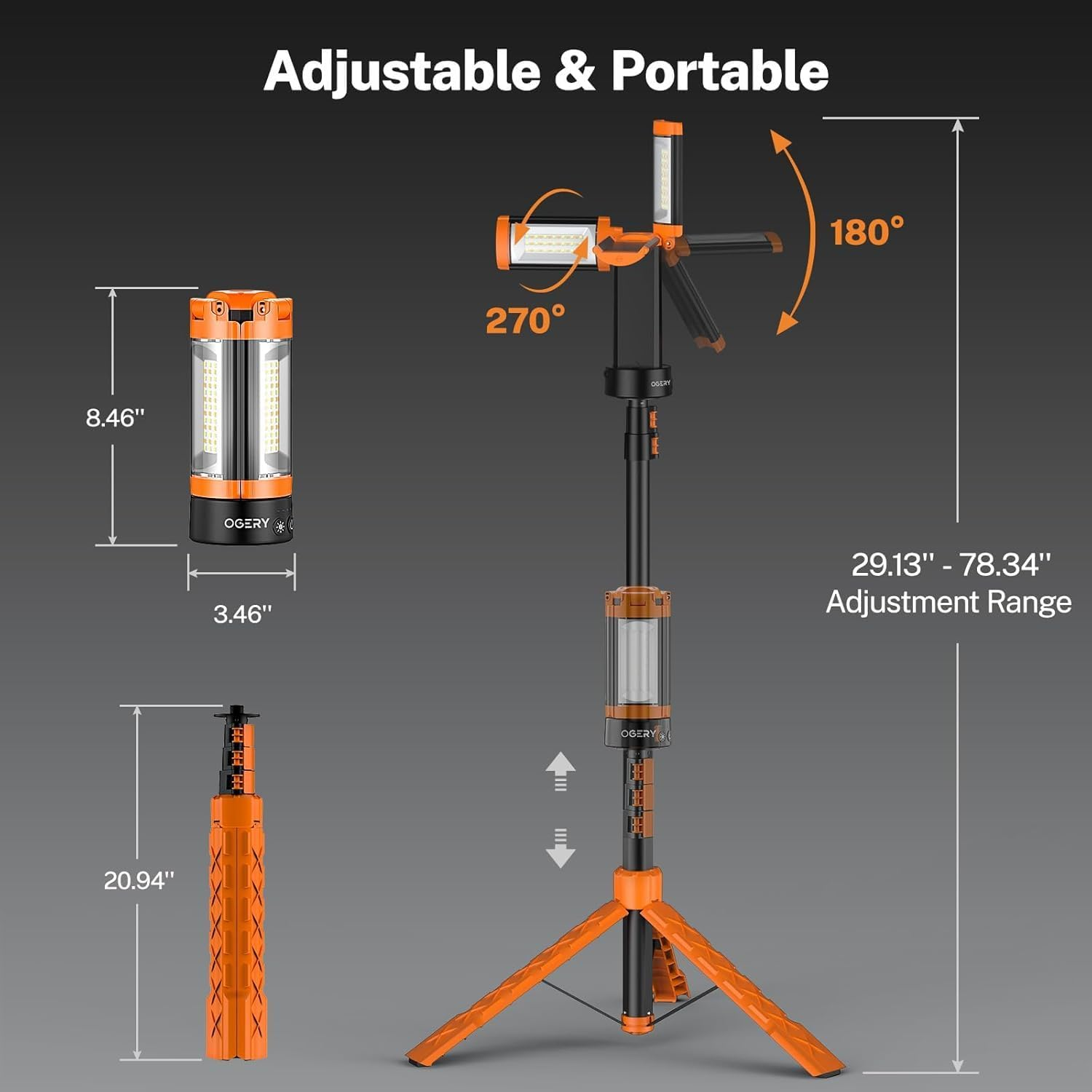 Rechargeable 10000Mah Camping Light, Portable Camping Light with Stand, Cordless Work Light with 3 LED Lamp Heads, Dimmable Magnetic Emergency Flashlight with Detachable Tripod, Orange image number 5