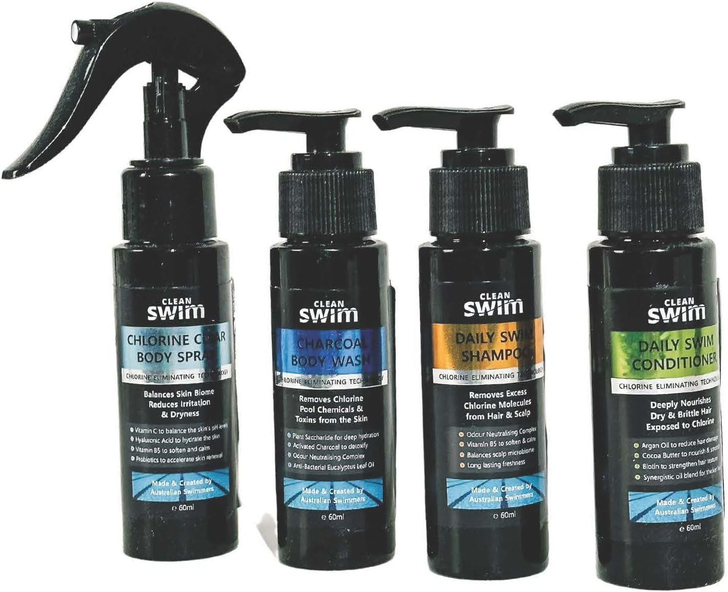 CLEAN SWIM Daily Swim Travel Set. All 4 Clean Swim Products. Charcoal Body Spray, Clean Swim Body Spray, Daily Conditioner and Shampoo 60Ml image number 1