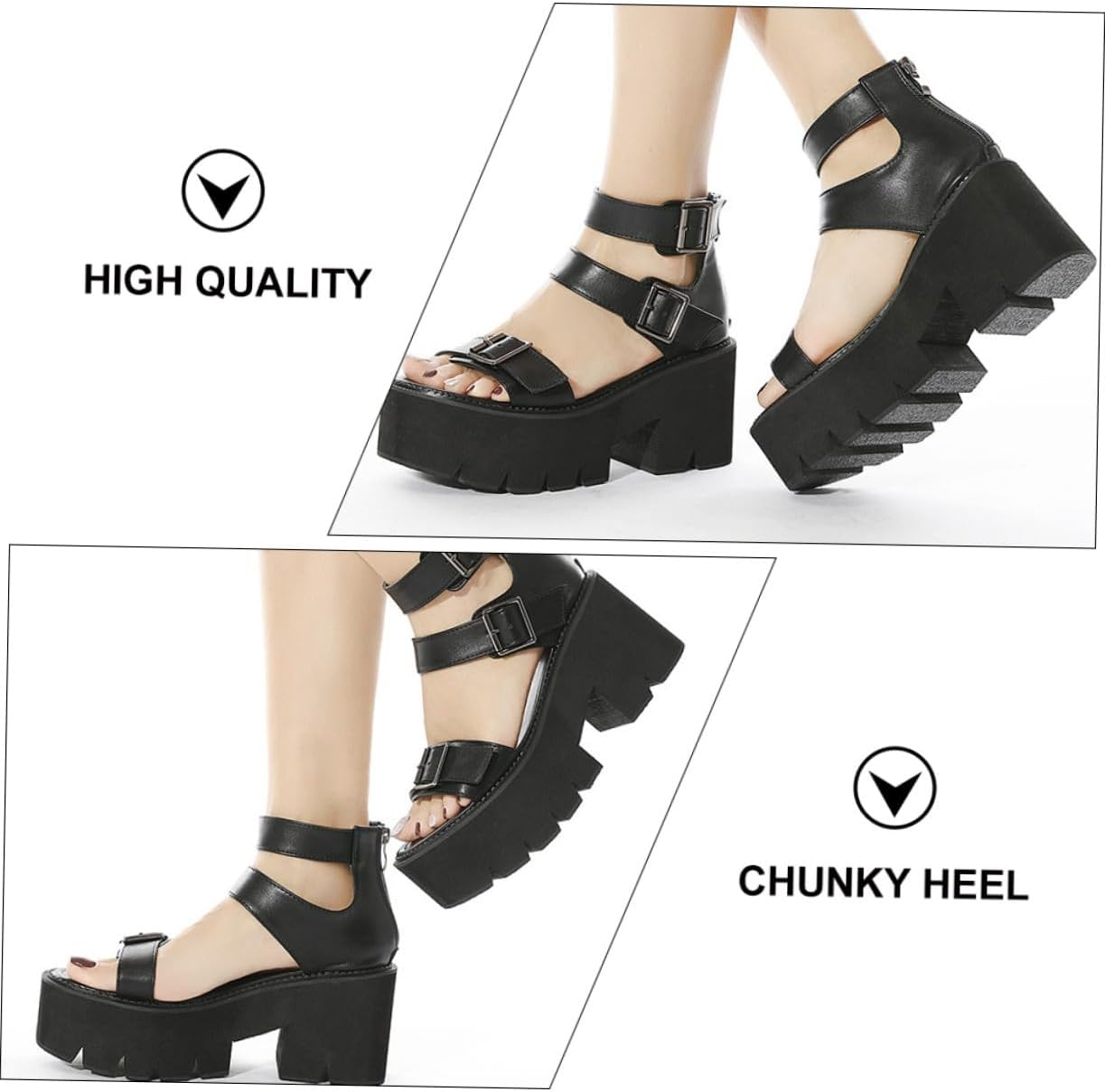 PACKOVE Thick-Soled High-Heeled Sandals for Women Summer Footwear Black Chunky Heel Fashionable Open Toe Platform Shoes Comfortable and Stylish image number 6