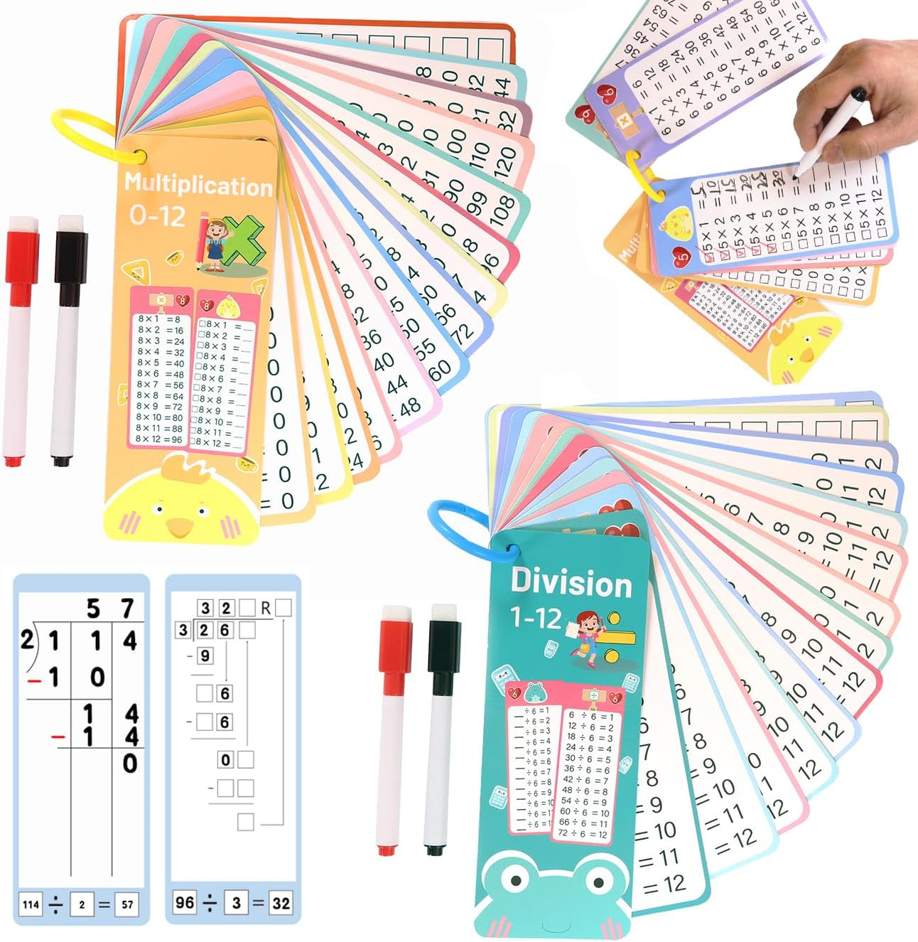 Multiplication and Division Flash Cards Set - 30 Double-Sided Cards + 4 Dry Erase Markers & 2 Rings | Reusable Self-Checking Classroom & Homeschool Math Learning Tools for Grades 1-3, Teacher Supplies image number 2