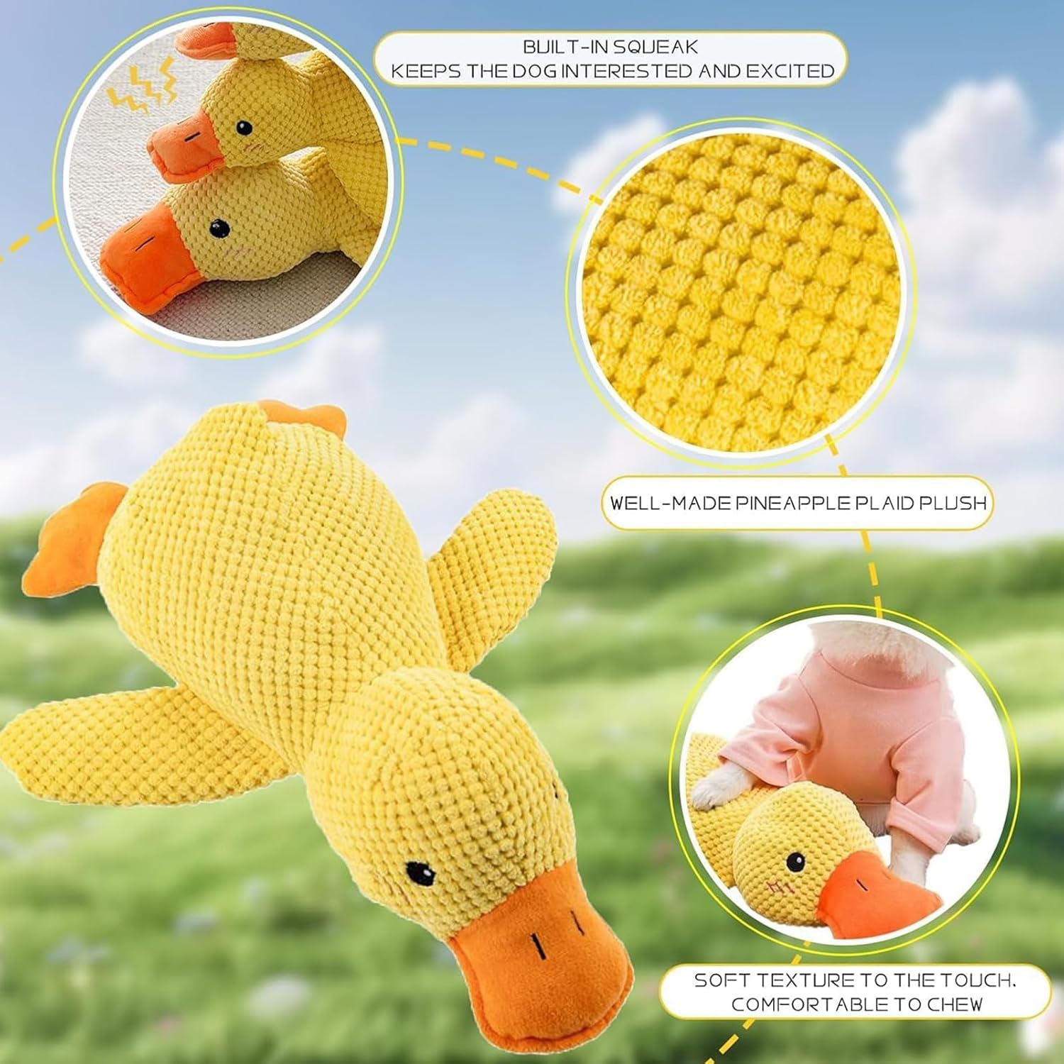 YUDOTE Calming Quack Duck Toys for Dogs Boredom, Stress Relief, Soft Stuffed Plush Toy with Squeaker for Small,Medium and Large Gentle Dogs Company, Bright Yellow image number 5