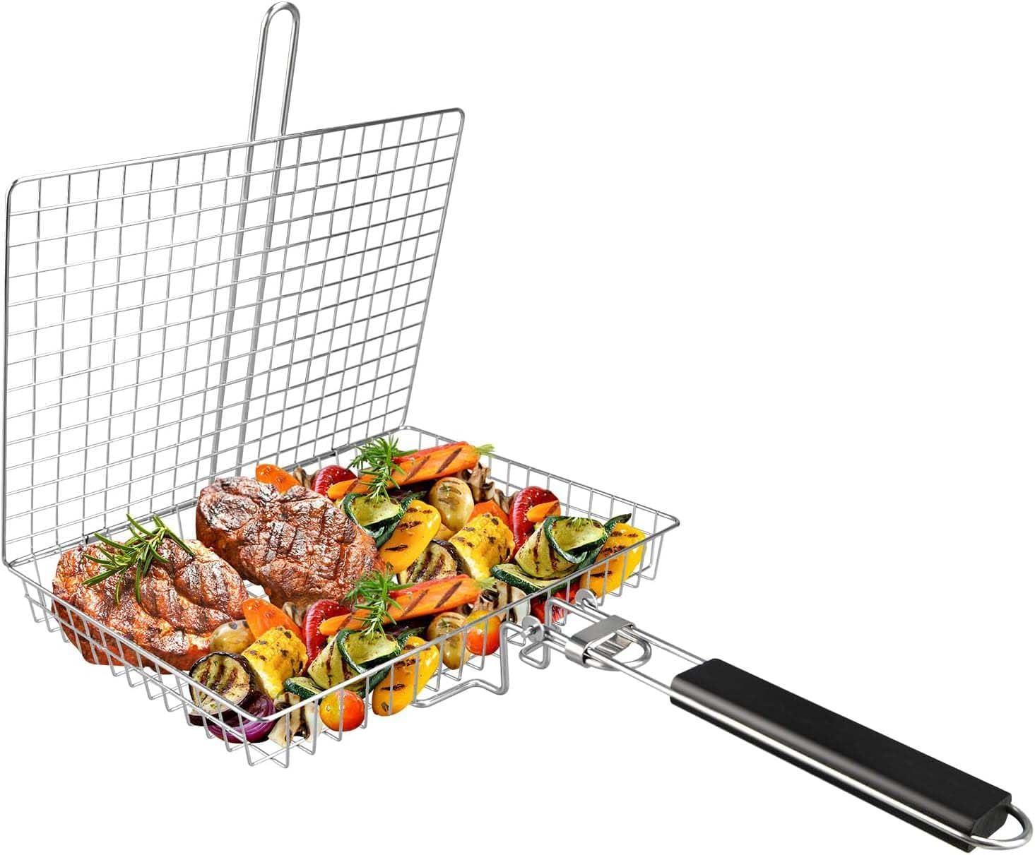 Cozioz Large Folding Grill Basket with Cleaning Brush &ndash; Stainless Steel BBQ Basket for Chicken, Meat, Steak, Chops, and Vegetables image number 5