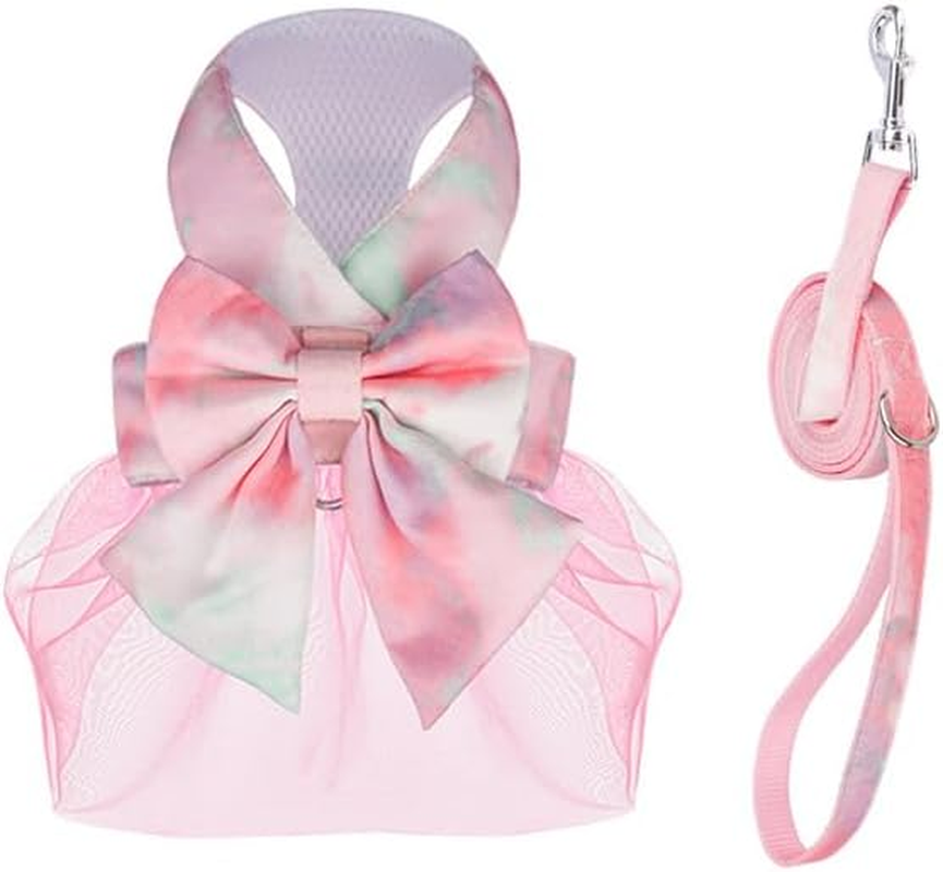 Dog Harness and Leash Set with Bow Knot - Gradient Color Dog Leash Princess Gauze Dress Pet Dress Back Small and Medium Puppy Harness for Small Girl Dogs Cats (Graywhite, S)