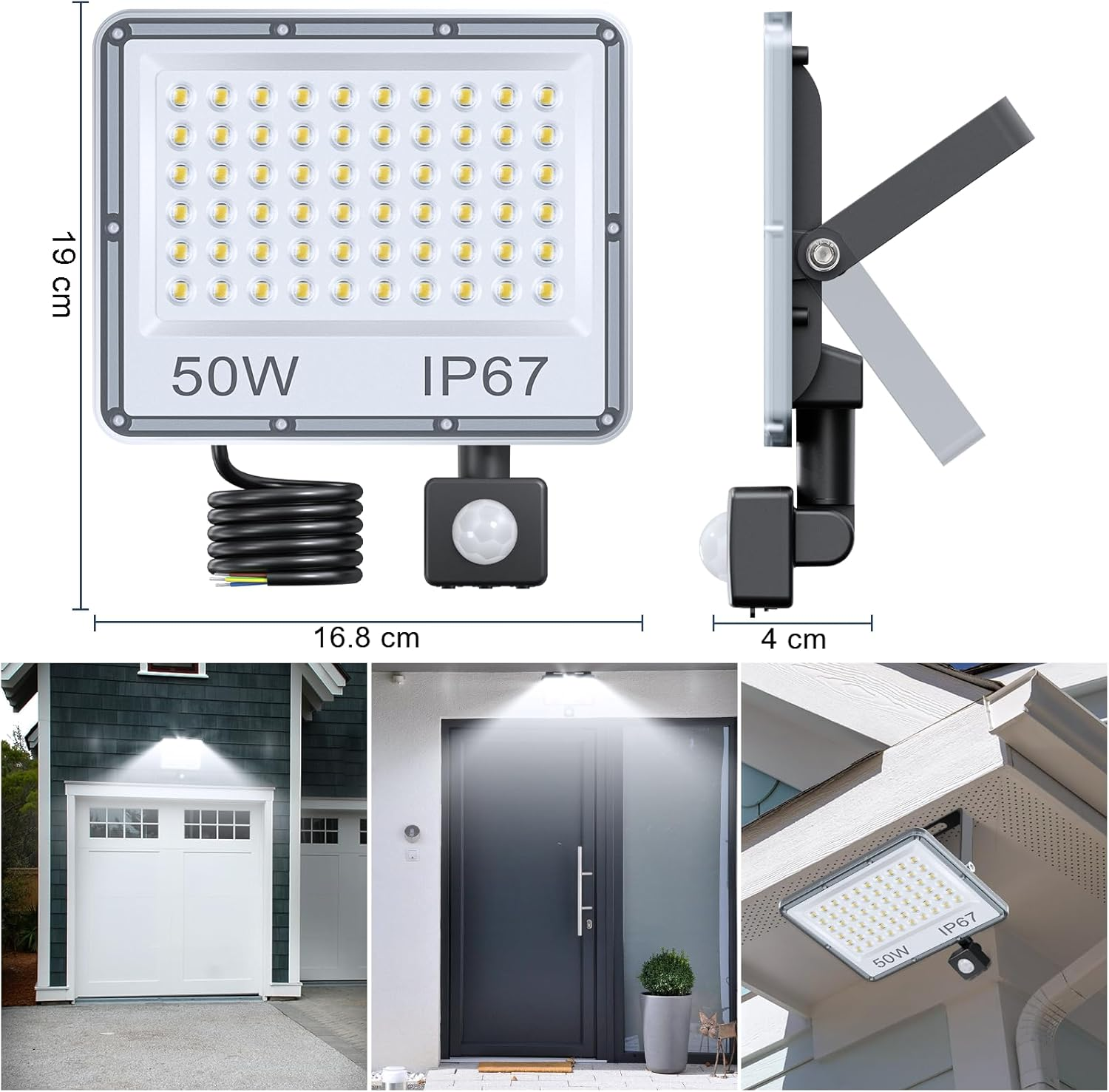 TASINUO Outdoor LED Floodlight with Detector 50 W, 5000 LM 6500 K Outdoor LED Spotlight Motion Detector, IP67 Waterproof 60 Leds with Detector for Garden, Patio, Garage image number 1