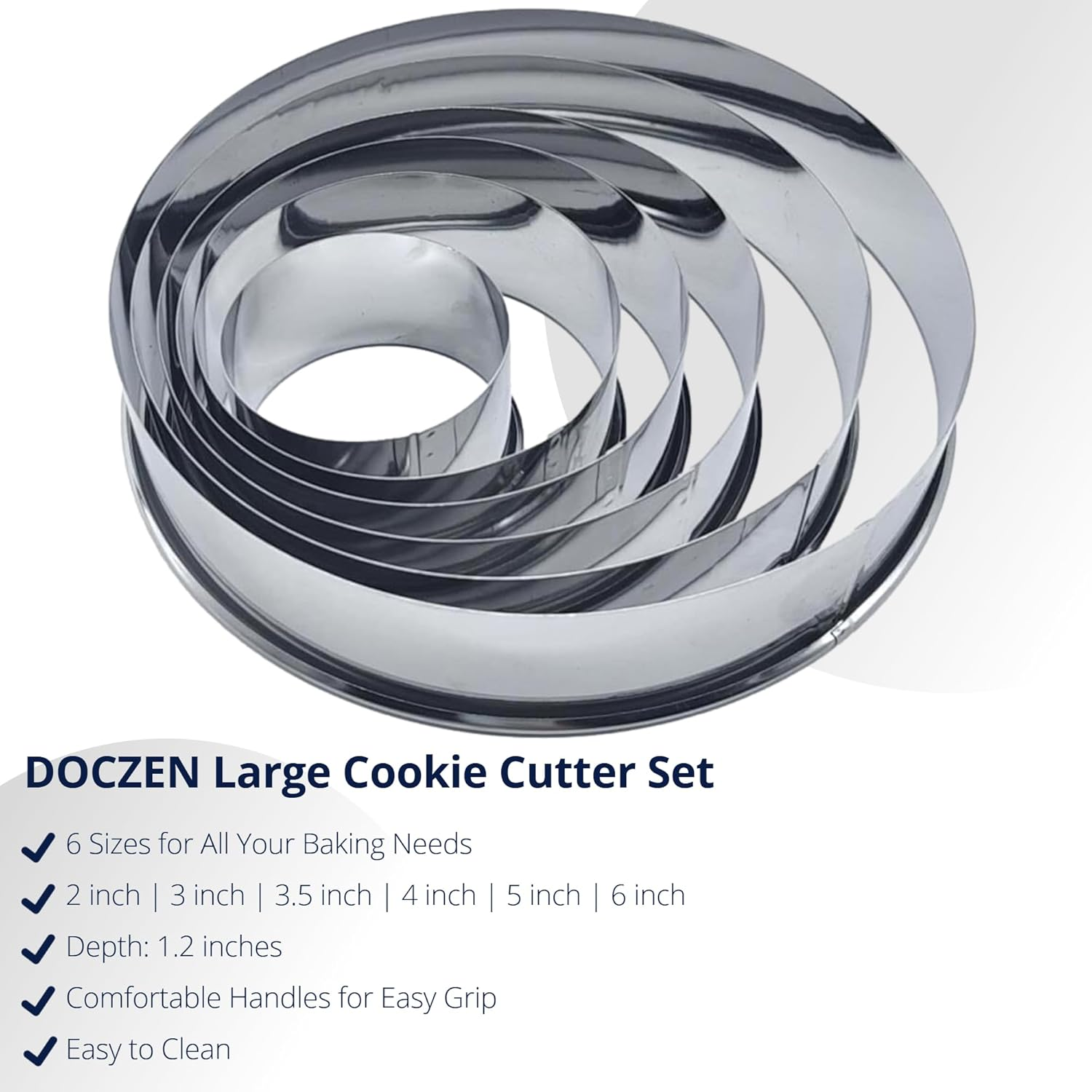 6 PCS round Cookie Cutter Set (2, 3, 3.5, 4, 5, 6 Inch) DOCZEN Large Stainless Steel Circle Cutters Donut Cutter for Baking, Biscuits, Cakes, Sandwiches - Durable & Easy to Clean