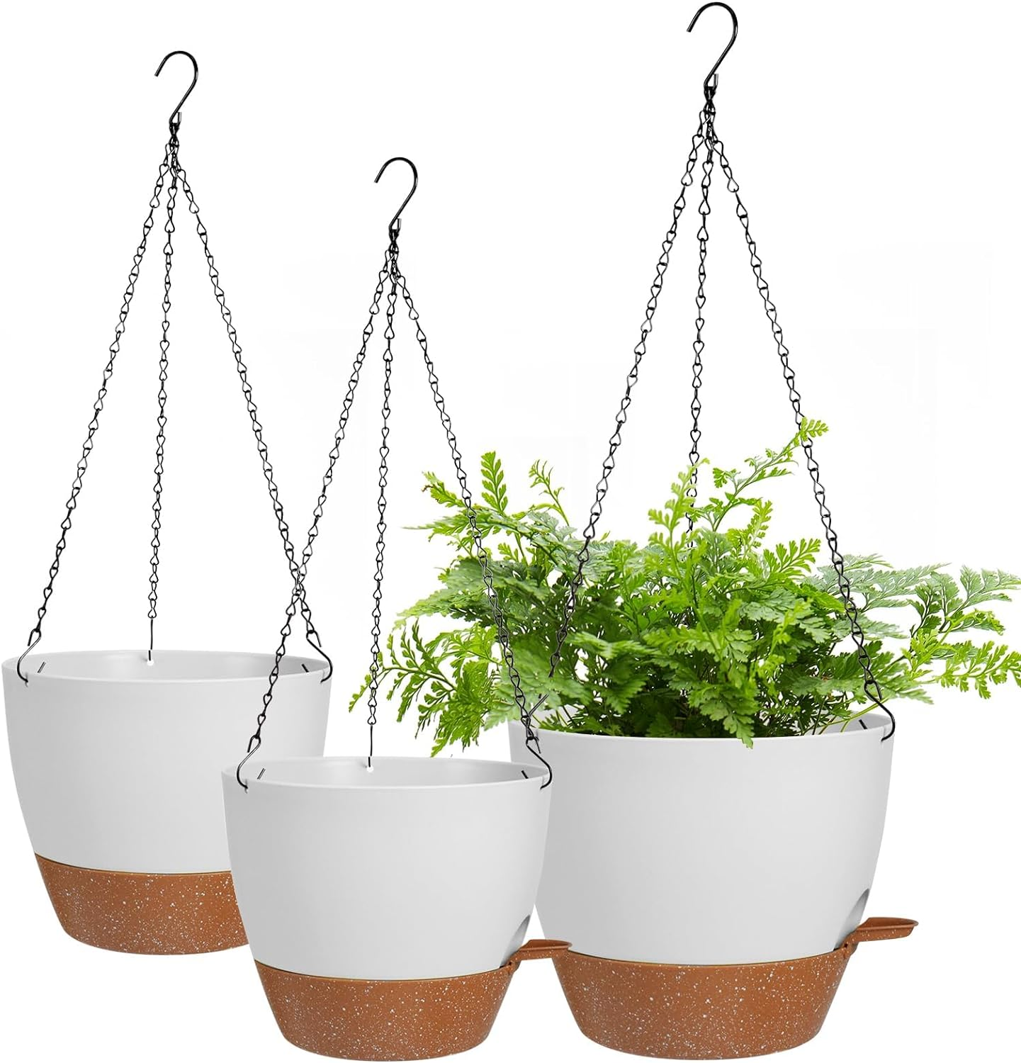 10/9/8 Inch Hanging Planter for Indoor Outdoor Plants, 3 Pack Self-Watering Hanging Pot with Drainage Holes Hanging Planter Baskets Plant Pots with Removable Tray (White+Brown)