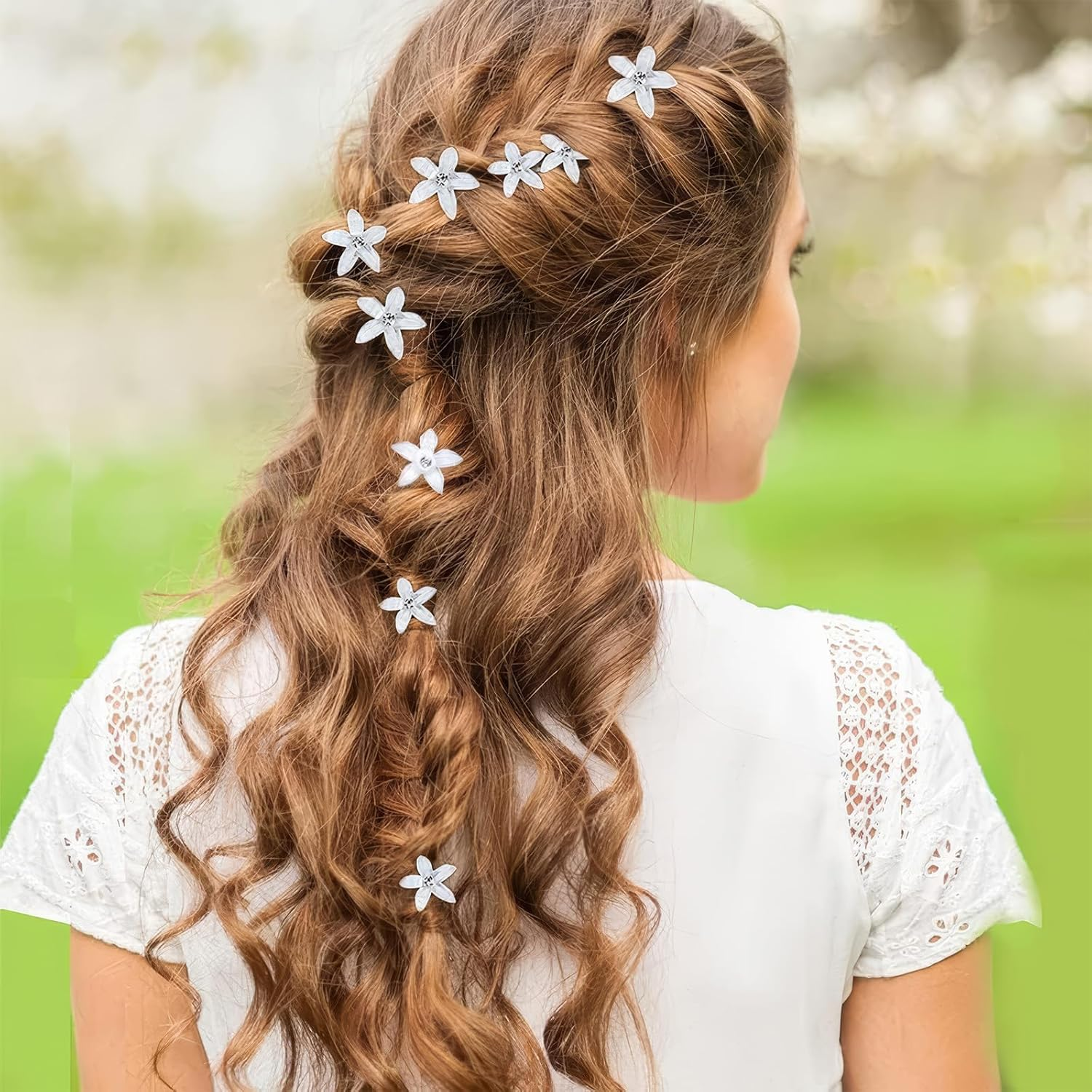 DHWEKU 10 White Flower Hair Spiral Wedding Hair Accessories Bridal Hair Clips image number 4