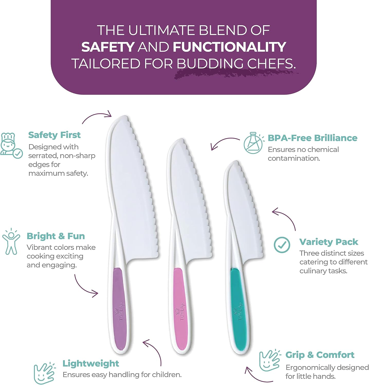 Tovla & Co. Knives for Kids 3-Piece Nylon Kitchen Baking Knife Set: Children'S Cooking Knives in 3 Sizes & Colours/Firm Grip, Serrated Edges, Bpa-Free Kids' Knives (Colours Vary for Each Size Knife) - Multi-Baking Set image number 5
