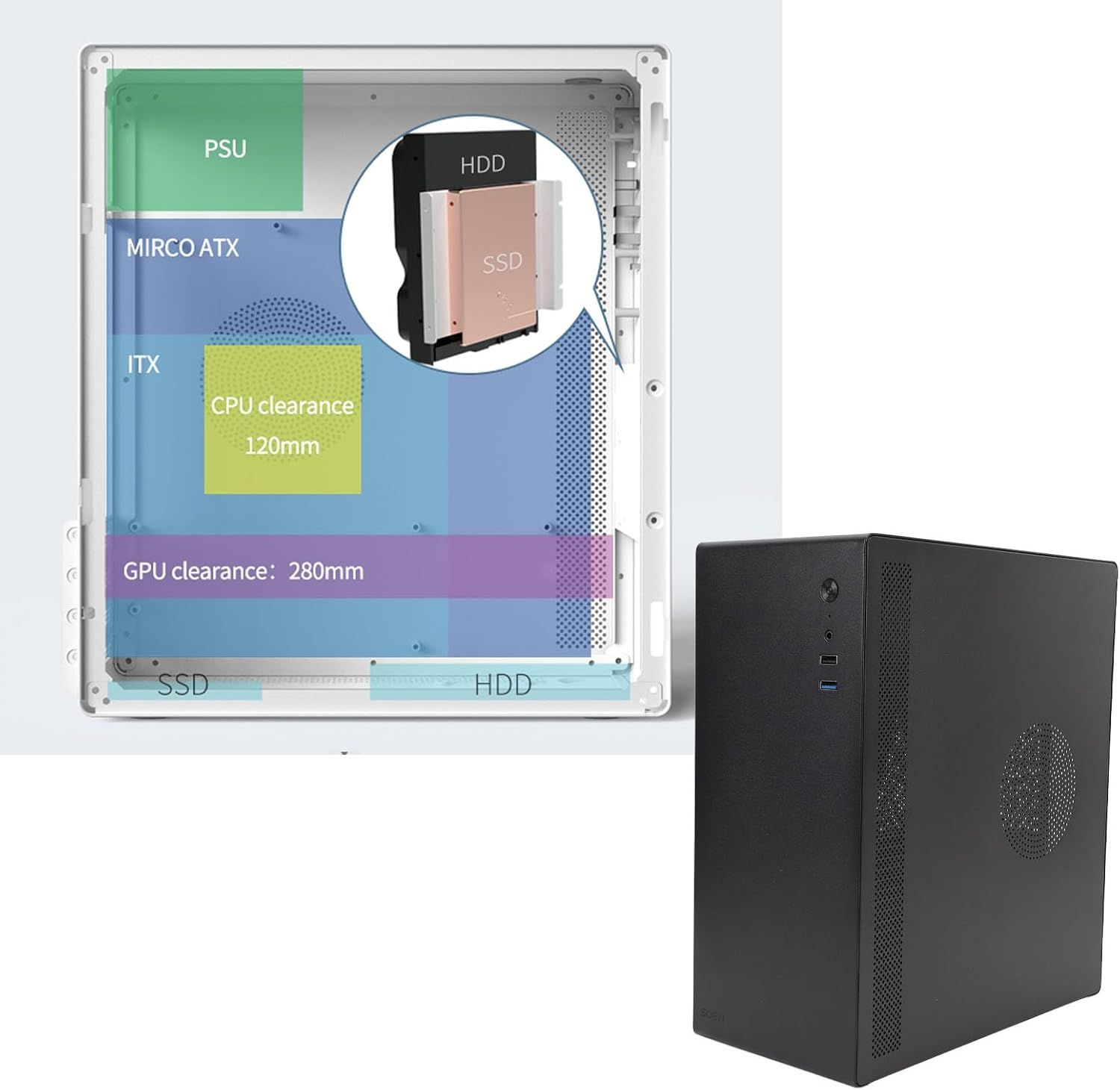 Full Black Steel Desktop Gaming PC Case, Tower Computer Chassis for MATX ITX Gaming Workstation image number 2