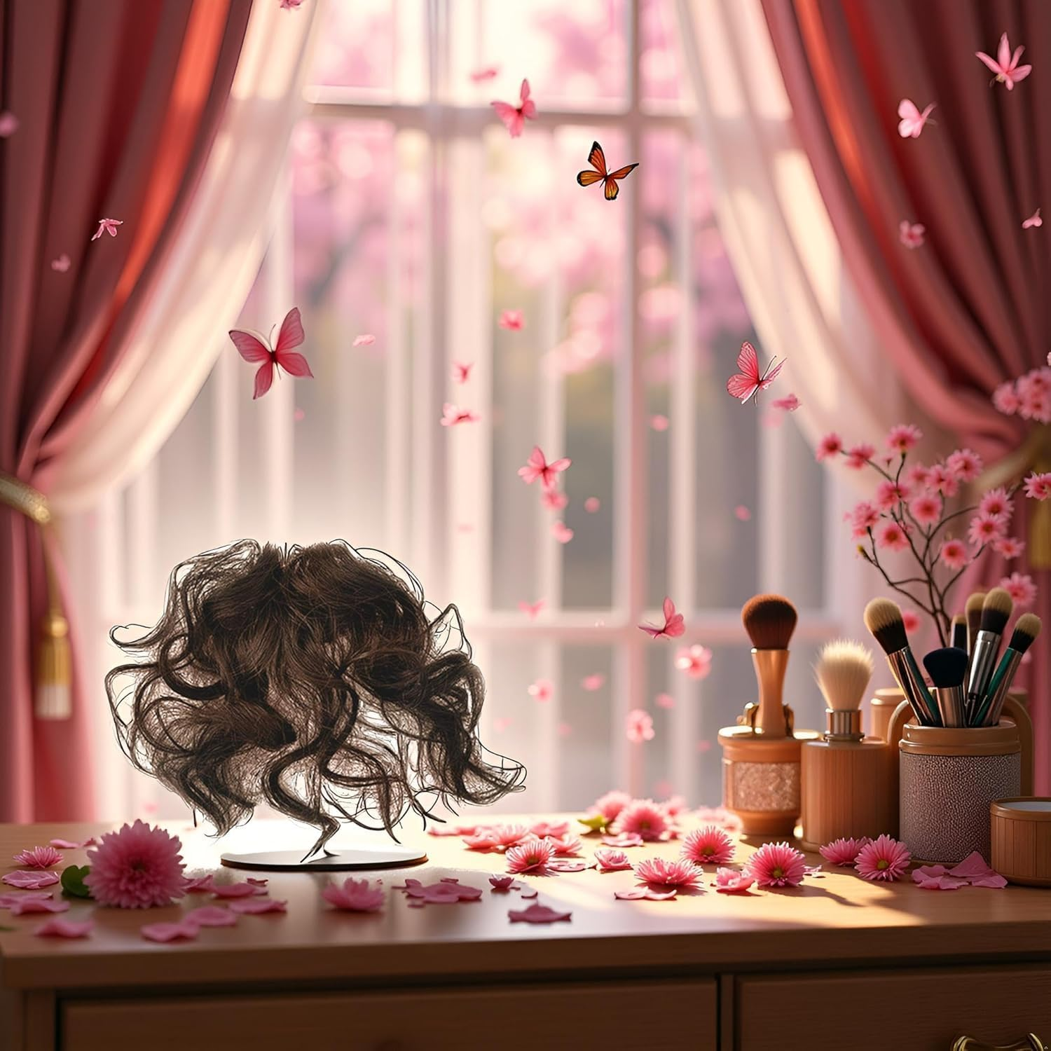 Dark Brown Clip in Hairpiece with Bangs Natural Fluffy Curly Heat Resistant Highlight Wig Headwear for Girls Women Anime Party Cosplay Wedding Dating image number 1