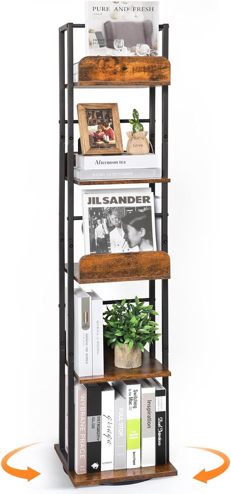 Book Shelf, Rotating Bookshelf for Corner, 5-Tier Small Bookcase, Tall Bookshelf Display, Narrow Bookshelf for Books, Magazines, Decor, Bookshelves for Living Room, Study Room