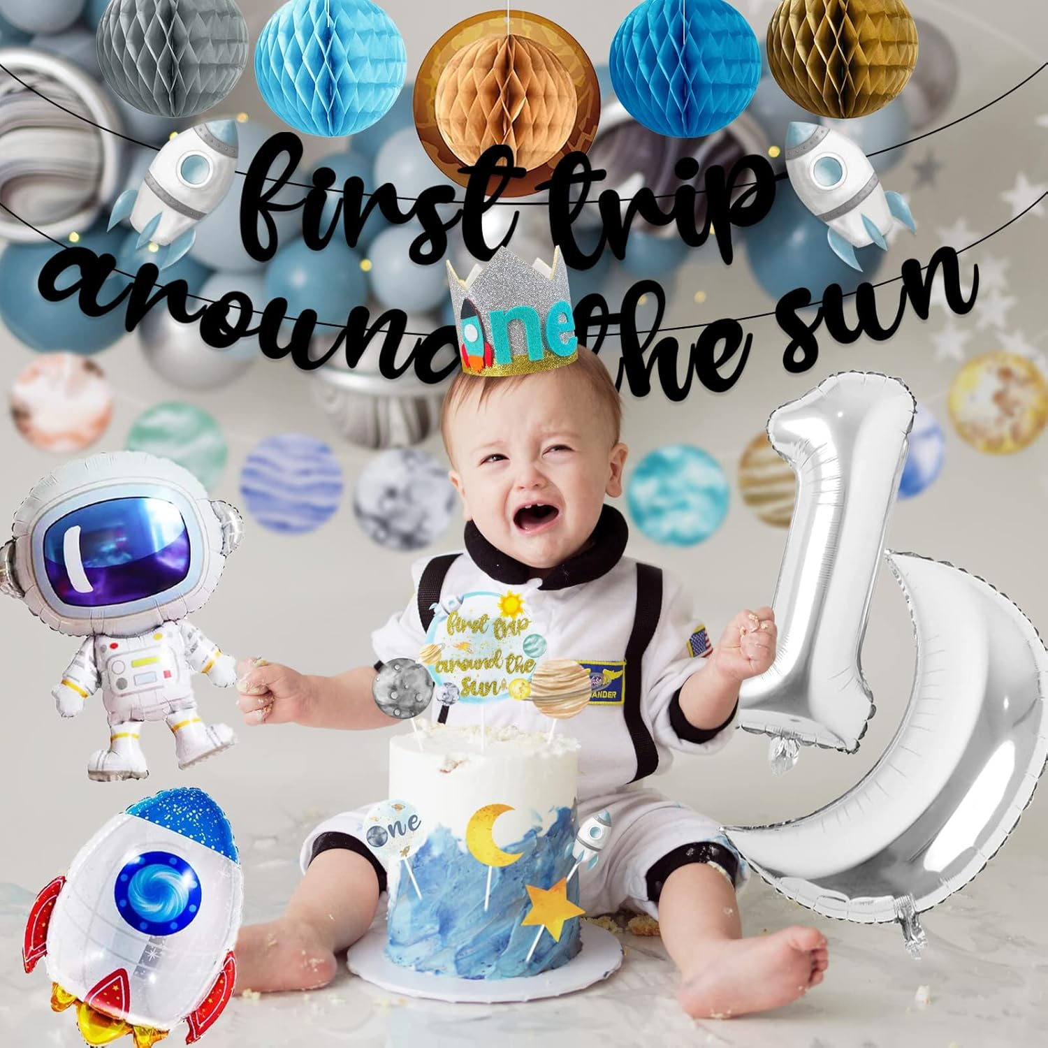First Trip around the Sun Birthday Party Decoration Pack,1St Baby Shower Birthday Party Supplies(Including Banner, Star Garland, High Chair ONE Banner, Cake Toppers, Latex and Foil Balloons, Felt Hat) image number 4