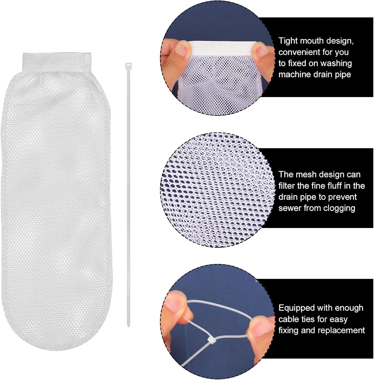 8Pcs Lint Traps for Washing Machine Hose, with 24Pcs Cable Ties Washer Lint Catch Nylon Mesh Lint Collector for Home Laundry Washing Machine Sink Drain Systems Hose Screen Filter (White) image number 1