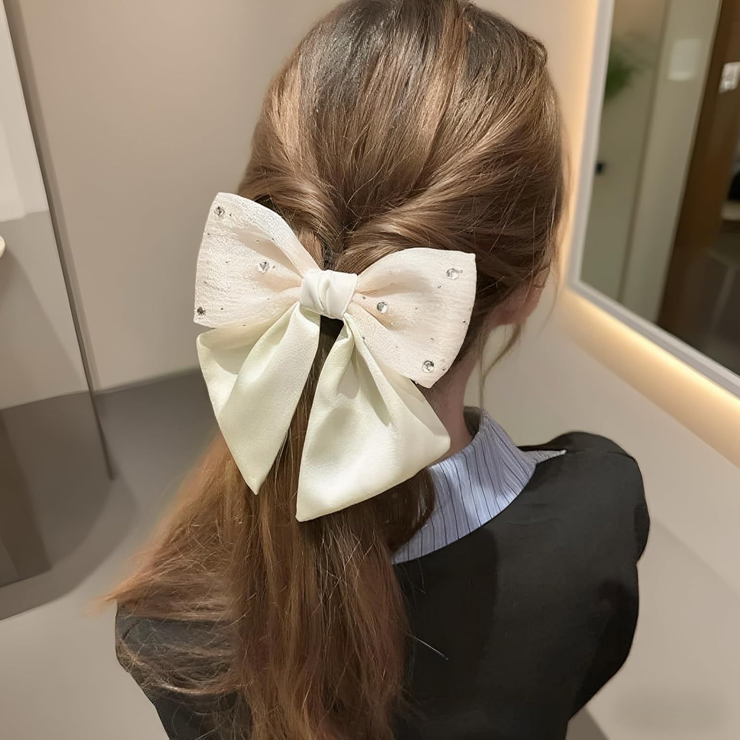 Ypkia Pack of 2 Hair Bow Rhinestone Women'S Hair Clips with Bow Fabric Satin Hair Bows Hair Clips for Women Girls (Black + Beige) image number 4