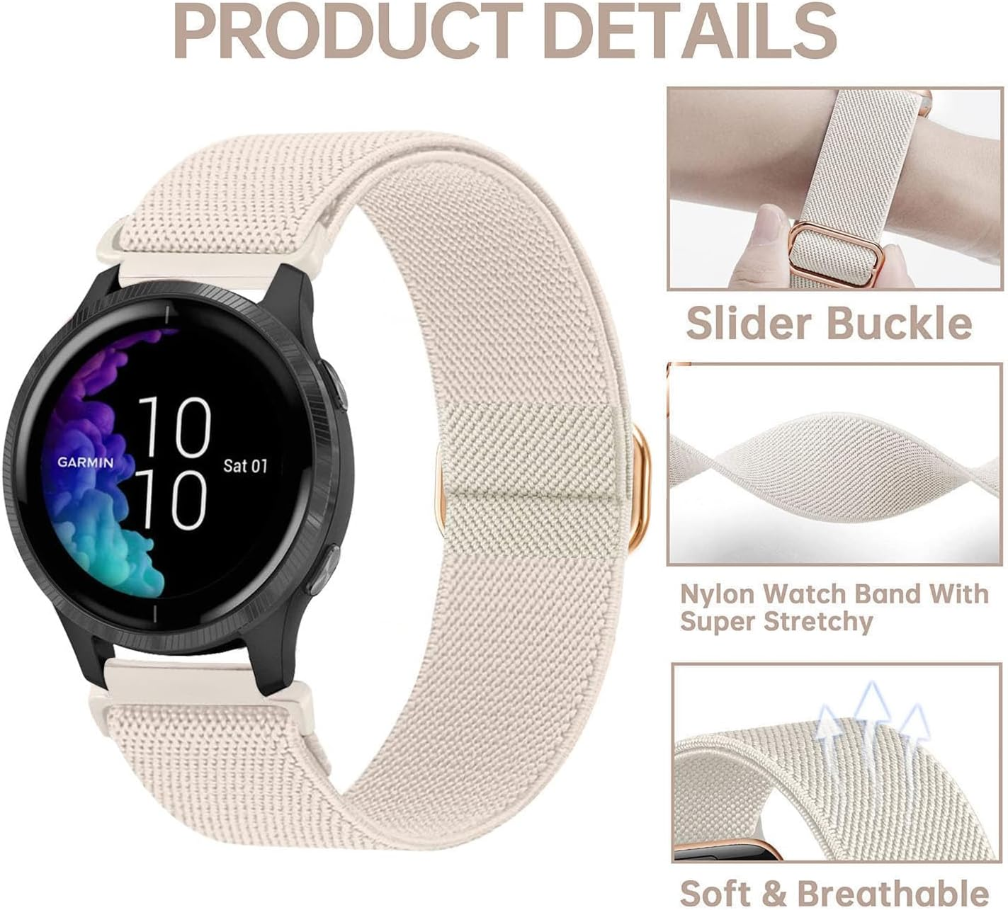 2 Pack Braided Stretchy Nylon Watch Bands Compatible with Garmin Venu Sq/Venu Sq 2/Venu 2 Plus, 20Mm Loop Elastic Fabric Straps for Garmin Vivoactive 5 / Vivoactive 3 Women Men image number 1