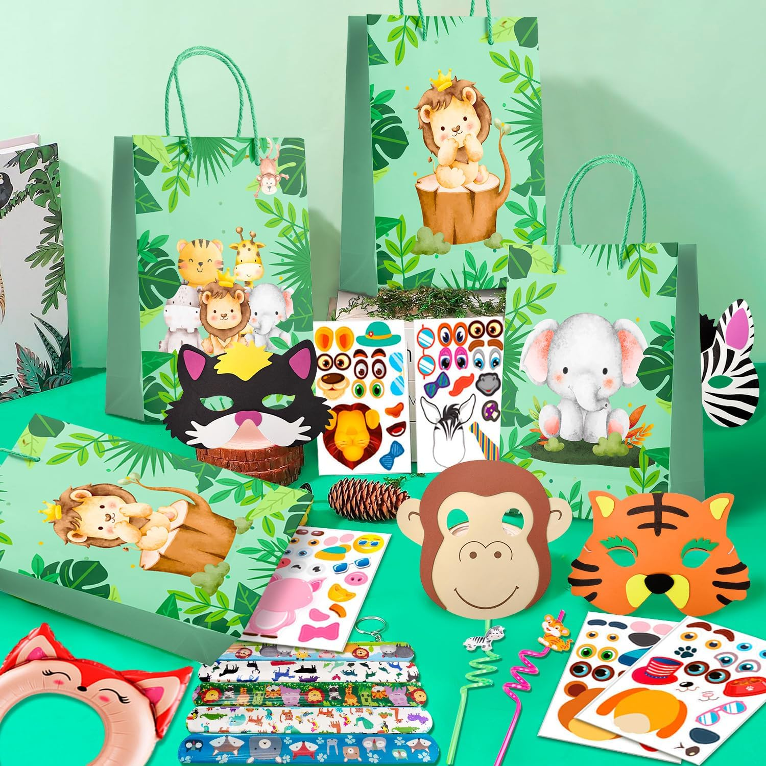 Jungle Safari Party Favors, 60Pcs Jungle Safari Birthday Party Favors Set Includes Safari Party Slap Bracelets Stickers Straws Balloon, Animal Mask, Safari Goodie Bags Etc Jungle Party Favors for Kids image number 1