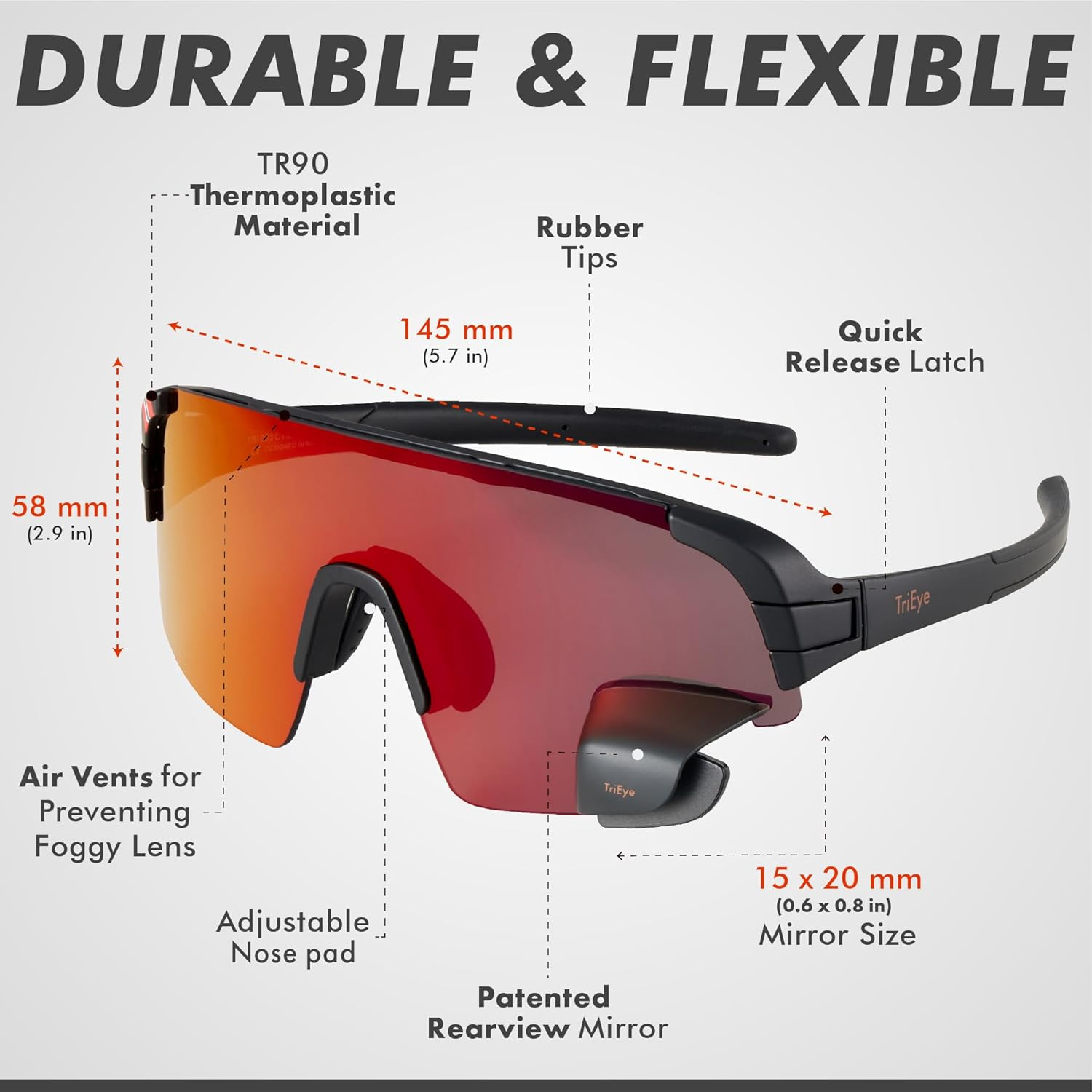 Trieye Eyewear Cycling Glasses with Integrated Rearview Mirror for Men & Women - UV 400 - Left Side Mirror Cycling Glasses image number 4