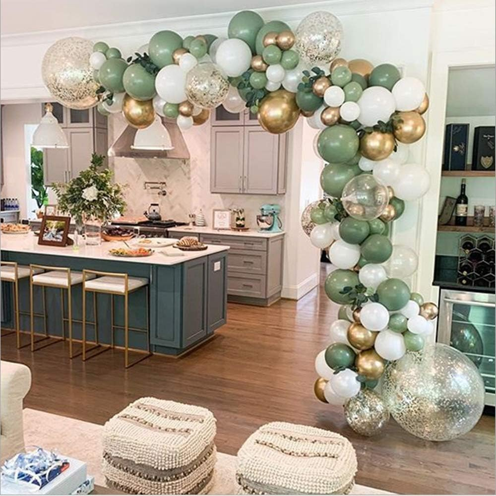 LDFWAYAU Olive Green Balloon Garland Arch Kit DIY Party Decorations White Gold Confetti Sage Green and Gold Meatllic Chorme Latex Balloons Set for Baby Shower Wedding Party (Green1)