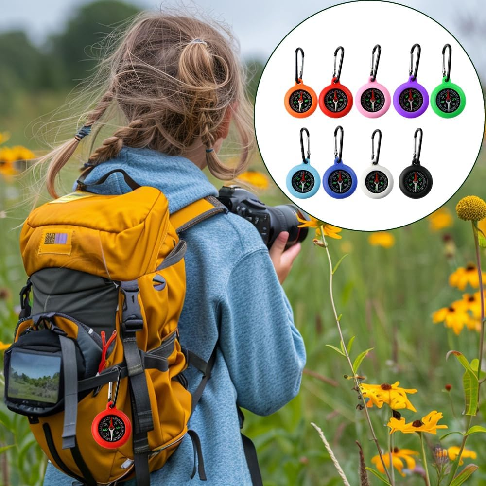 Glamifyr Pack of 9 Compass Children, Outdoor Children'S Compass Key Chain, Bushcraft Compass with Carabiner Hook, Hiking Activities, Portable, Universal, Camping, Outdoor Gifts image number 1