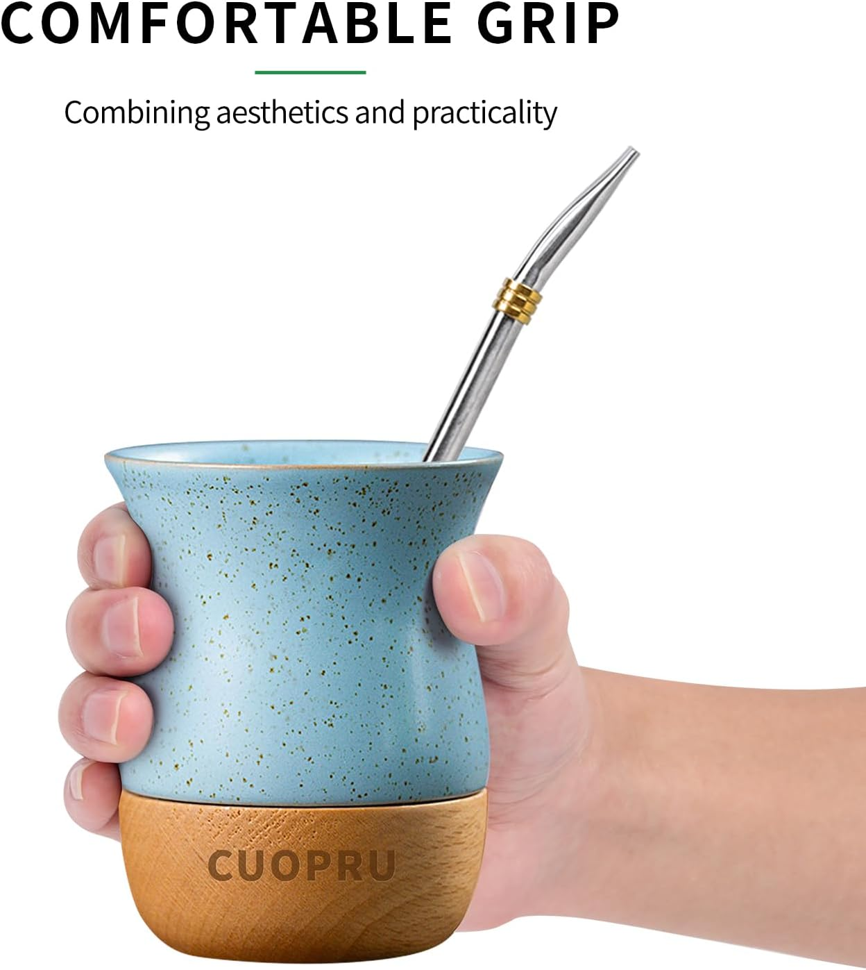 8 OZ Ceramic Yerba Mate Cup with Original Wood Base, Includes Mate Gourd, Bombilla Straw and Cleaning Brush - Perfect for Traditional Yerba Mate and Modern Style Drinking Mug (Blue)