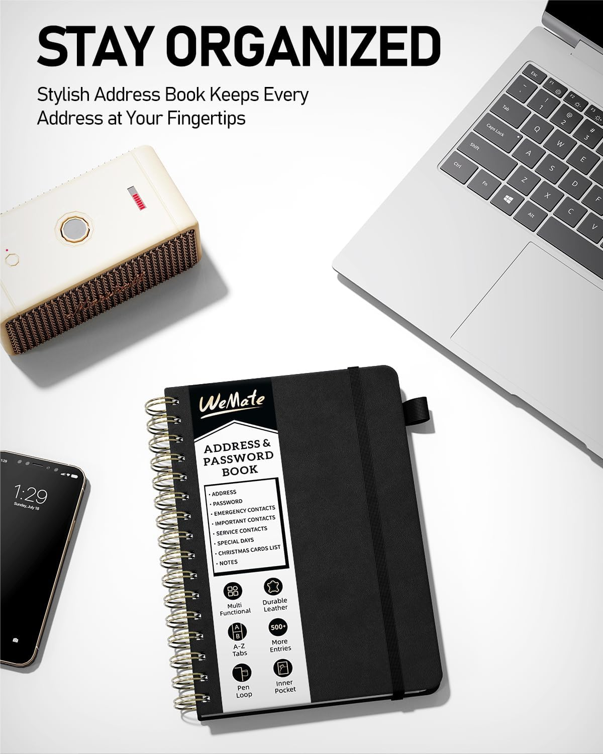 WEMATE Spiral Address Book with Alphabetical Tabs, Leather Password Book, Address Organizer Telephone Notebook Journal Keep Contact Safe Hardcover Large Print for Seniors Home Office 5.8&Prime;&times;8.2&Prime;, Black - Green image number 6