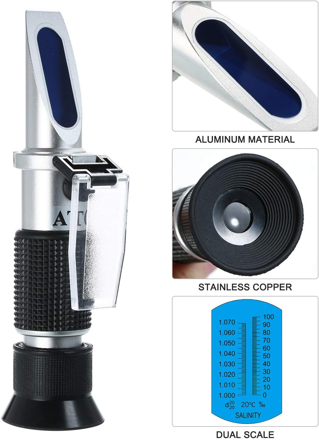 Salinity Refractometer Handheld Seawater Hydrometers Optical Salinity Tester Portable ATC Refractometer, Dual Scale: 0-100&permil; & 1.000-1.070 Specific Gravity, Saltwater Tester for Aquarium, Seawate Salin image number 4