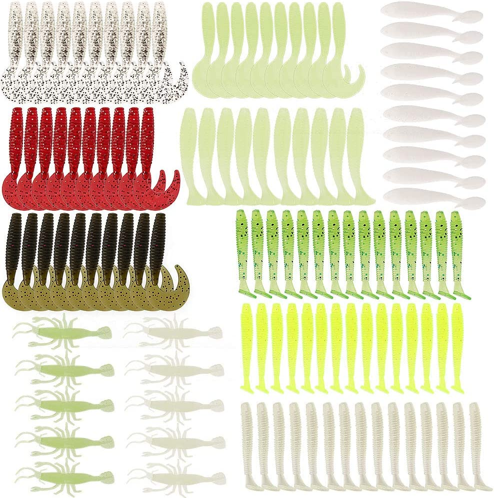Fishing Grubs Paddle Tail Swimbaits Luminous Shrimp Soft Lures Kit for Bass Trout Walleye (115PCS) image number 1