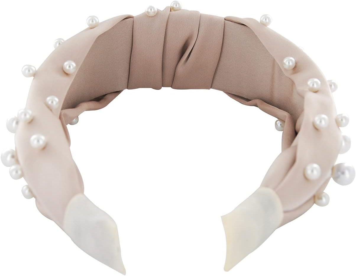 Axy HR35AP Headband with Pearls and Knot Satin Covered Vintage Beautiful Headband Hair Accessories Women'S Headband (Taupe) image number 2