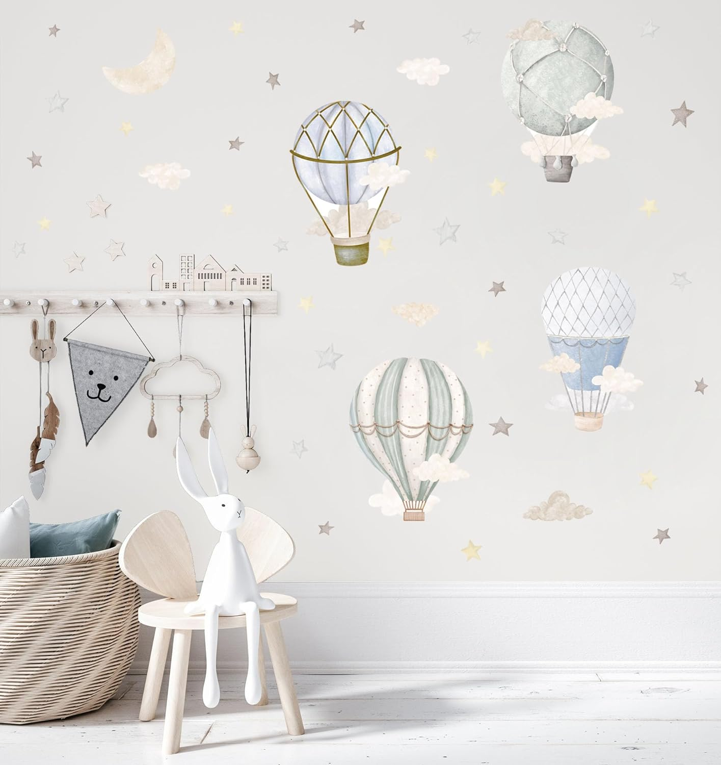 Watercolor Hot Air Balloon Wall Decals, Stars Clouds Balloon Vinyl Wall Stickers, Peel and Stick Colorful Artwork for Nursery Bedroom Toddler Room Playroom Decor image number 3