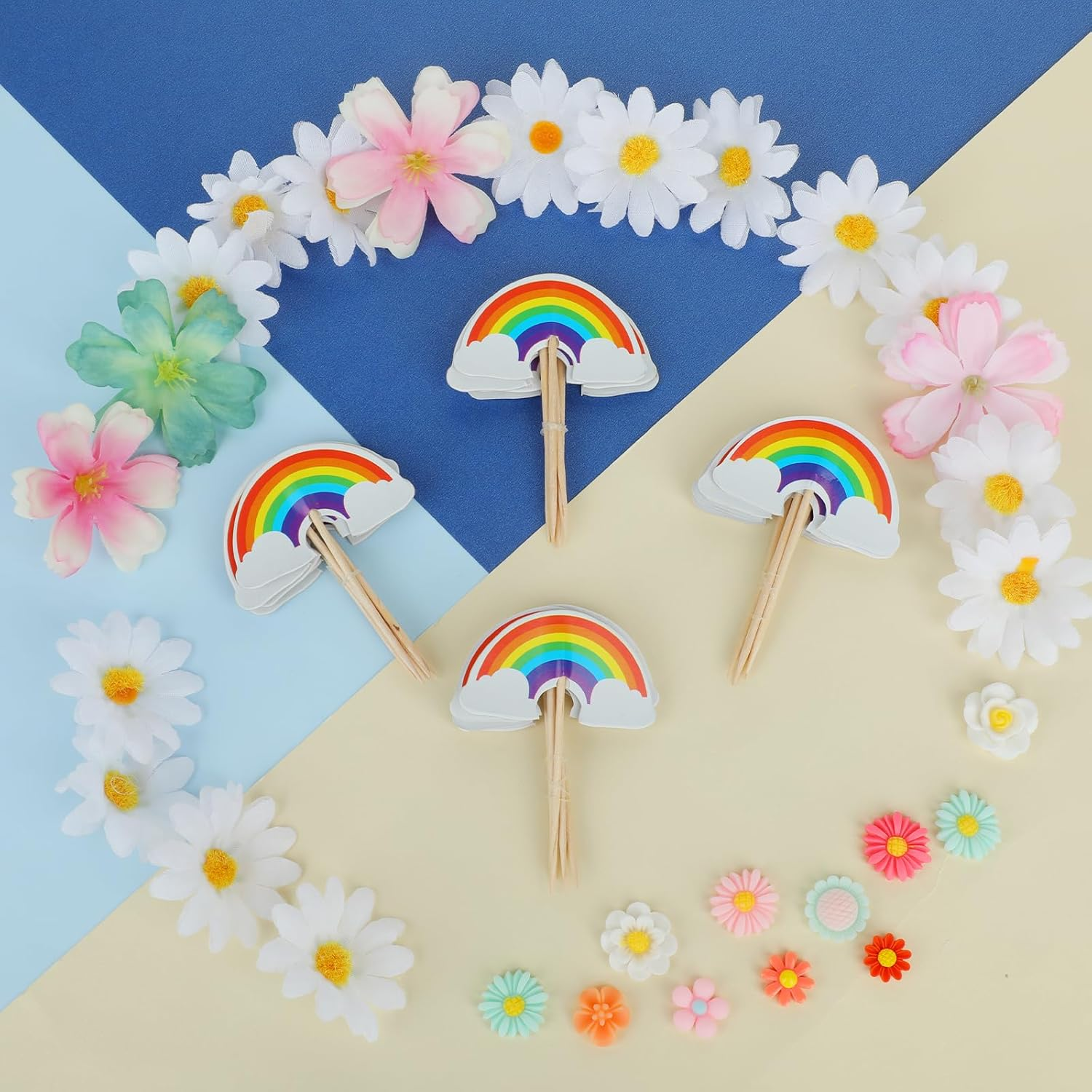 COMNICO 24 PCS Rainbow Cupcake Toppers Theme Party Cake Decorations DIY Cake Picks Insert Toppers Cute Dessert Decorating Supplies for Girl Boys Baby Shower Birthday Party Baking
