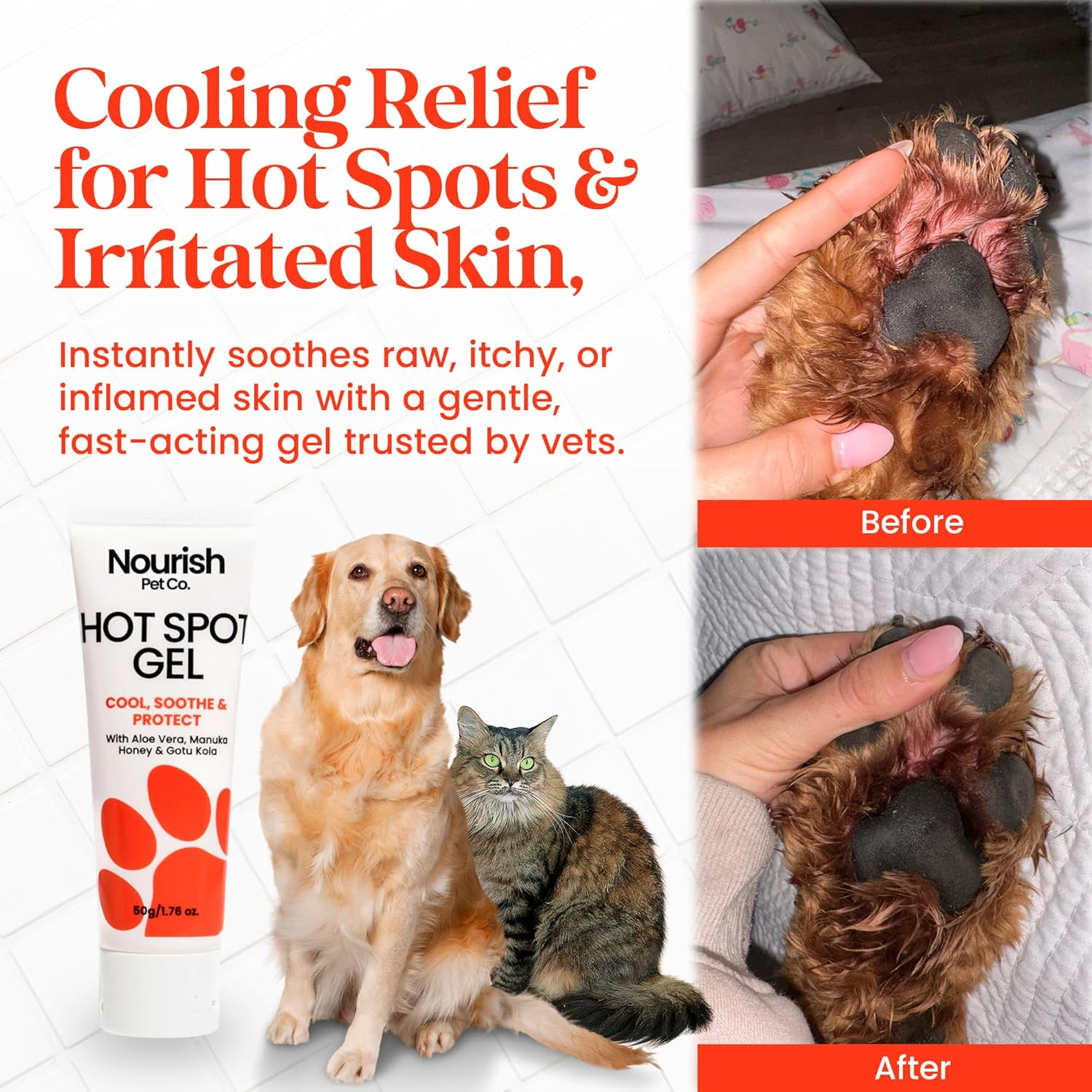 Nourish Pet Co. Hot Spot Gel for Cats and Dogs - Skin Irritation Treatment, Soothing Relief for Dry Itchy Allergy-Prone Skin, Fragrance Free, 50G Bottle