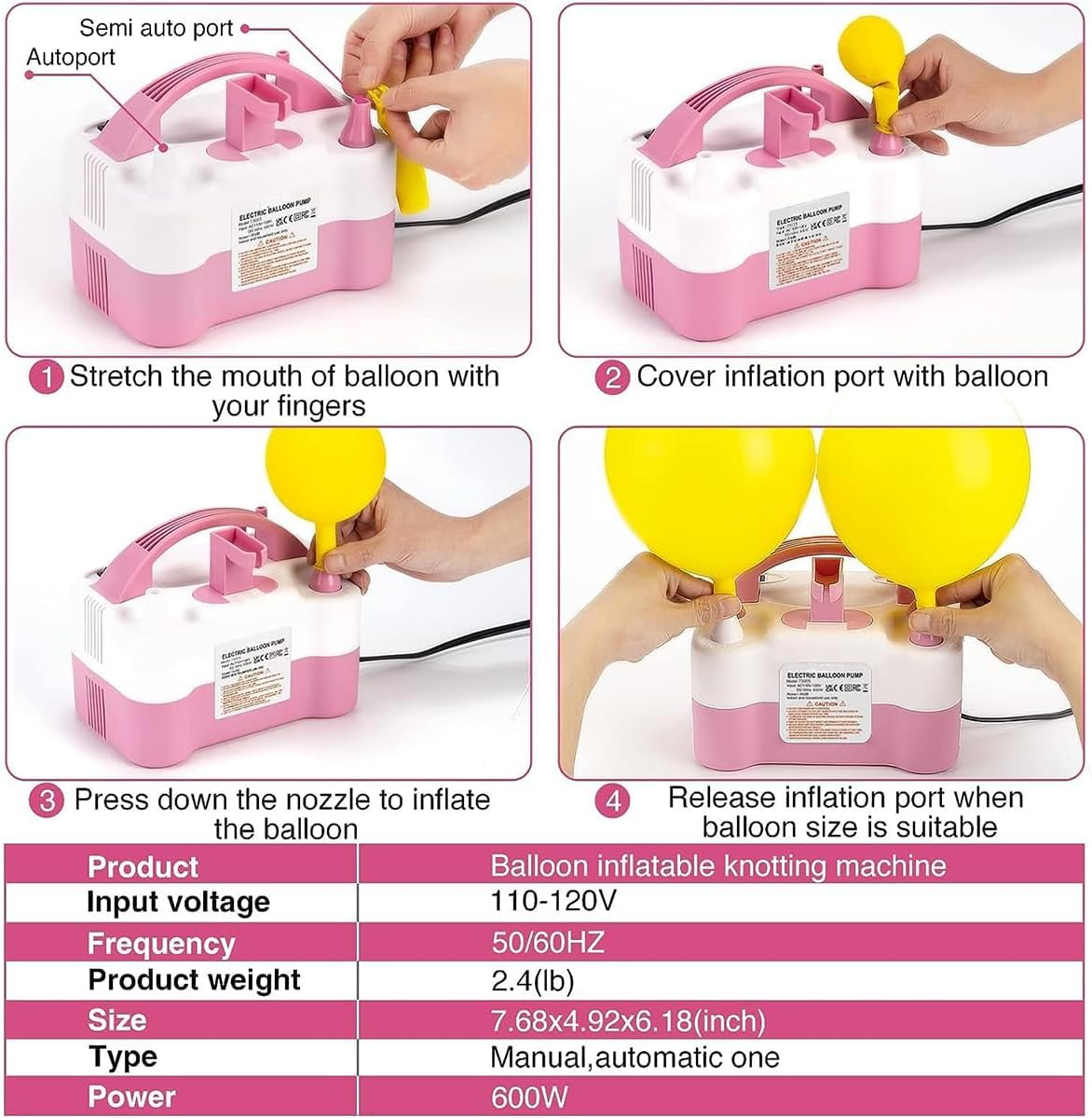 Ikerall Electric Air Balloon Pump and Balloon Tying Tool in One, Portable Dual Nozzle Pink 220V-240V 600W Electric Balloon Blower Pump for Decoration, Party,Faster and save Time