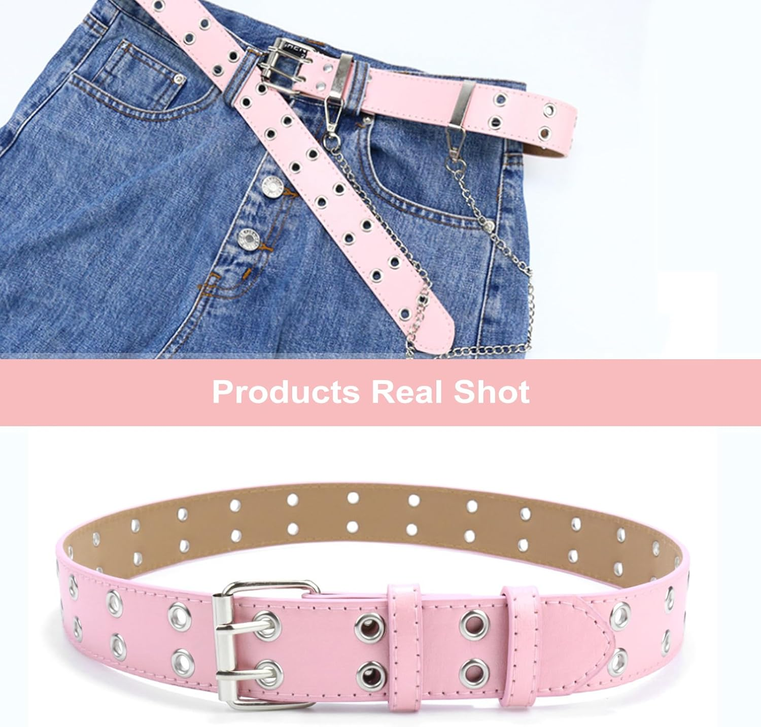 Grommet Leather Belts Y2K Punk Waist Belts PU All-Match Belt Rock Niche Design Belt with Detachable Chain Double Prong Buckle Vintage Jeans Belts for Women or Men - Pink image number 5