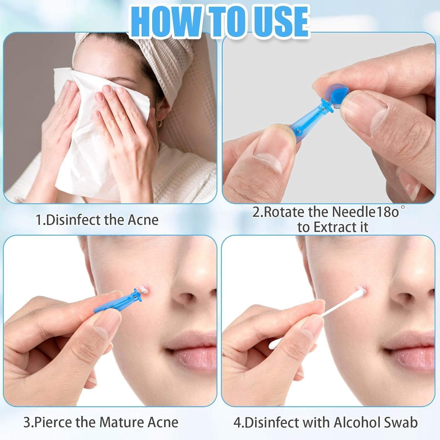 100Pcs Pimple Popper Kit, Blackhead Remover Tool Skin Care Tools Acne Needle Nose Strips for Blackheads Pimple Extractor Pore Cleaner Blue Stainless Steel Acne Treatment Tools with Cotton Swabs for Skin Care