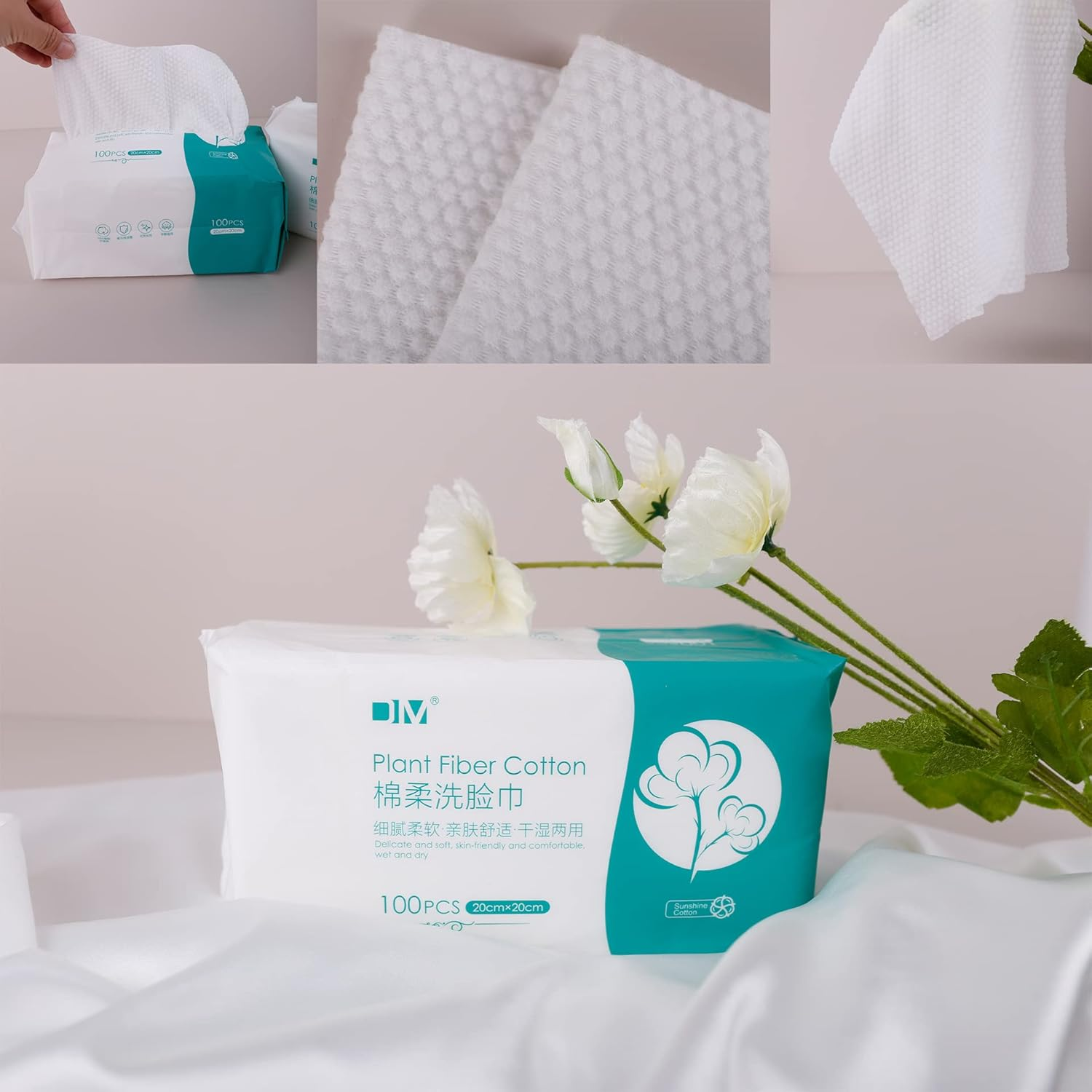 Reyoung 20 * 20CM Soft Dry Wipe, 100% Cotton Facial Wipes, Disposable Face Towel Lint Free, Dry Wet Use for Sensitive Skin,Makeup Removing, Surface Cleaning (100 Counts Pack of 2) image number 1