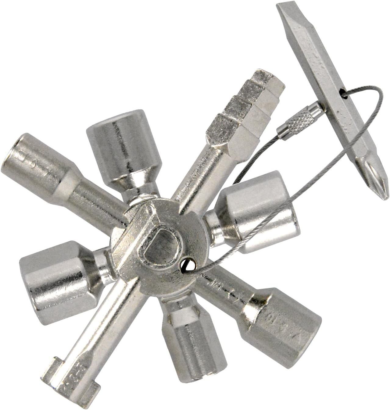 Suoyanuo Multifunctional Twin Key Cabinet Key Wrenches Cross Key with 1 Chain 10 Profiles Train Door Key. (Silver)