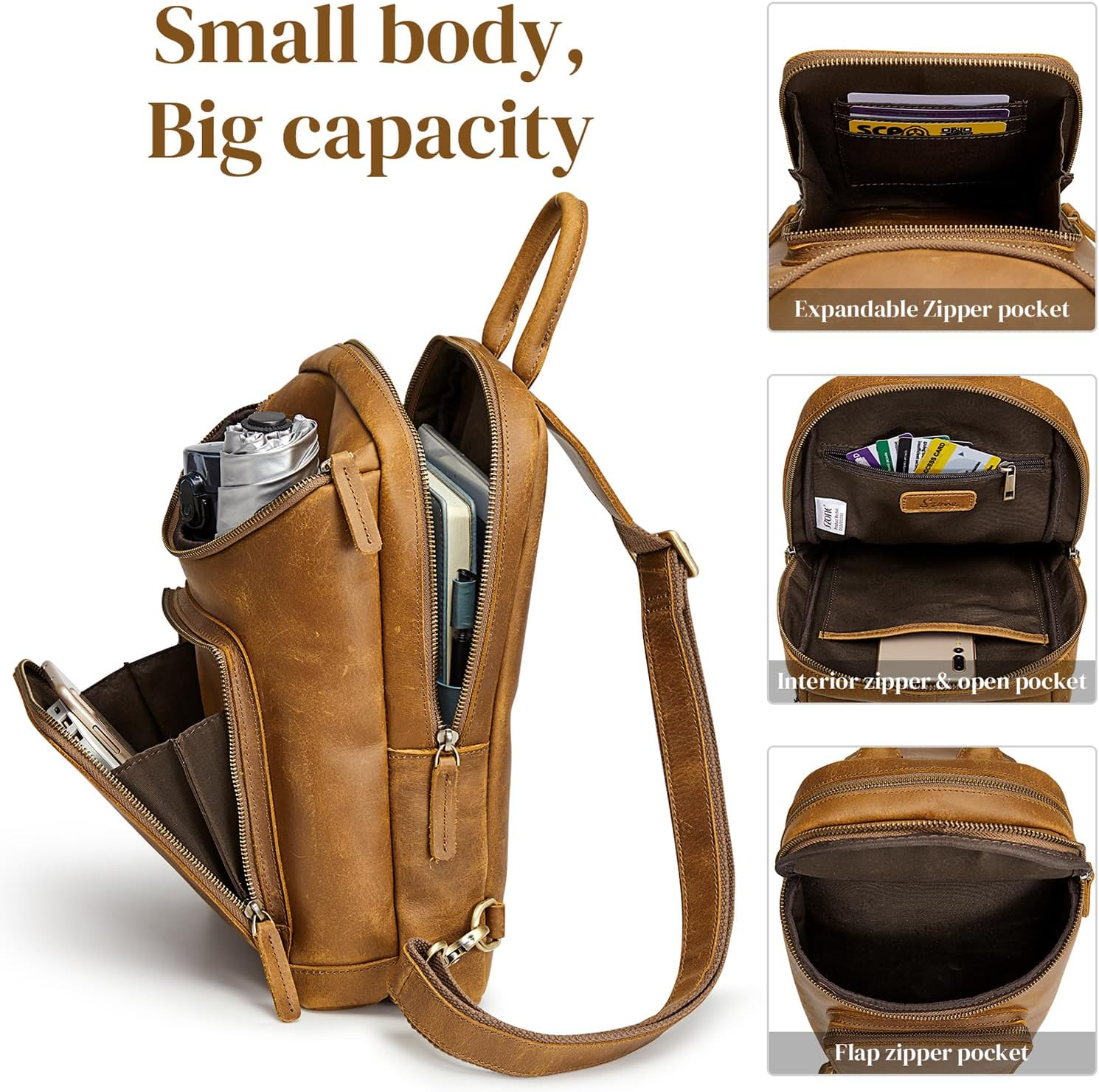 S-ZONE Sling Bag for Women Men Genuine Leather Vintage Crossbody Chest Bags Backpack Daypack Outdoor Travel image number 4