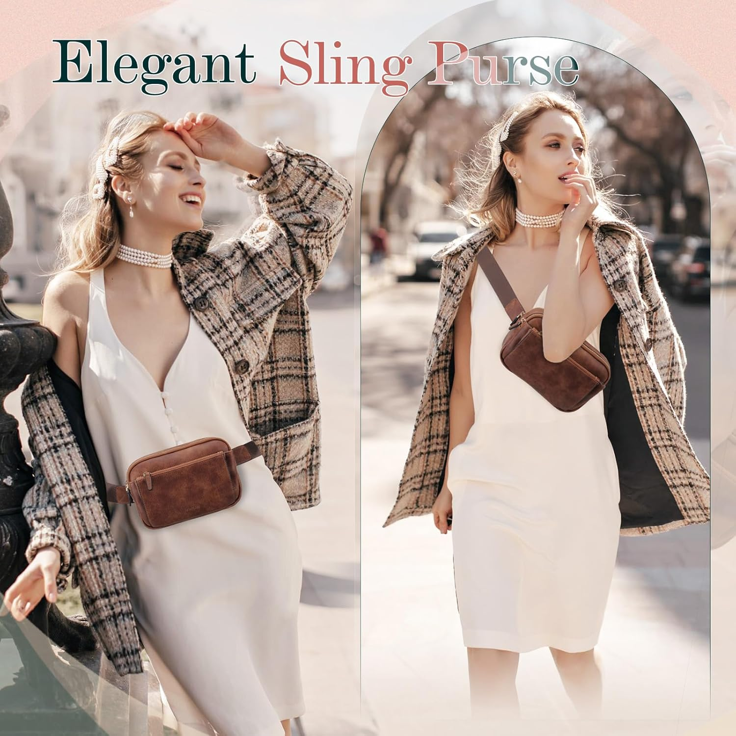 VX VONXURY Fashion Belt Bag,Vegan Leather Fanny Packs with Adjustable Strap,Trendy Small Crossbody Waist Bag (All Brown-Faux Leather) - Off White Brown-Faux Leather image number 5