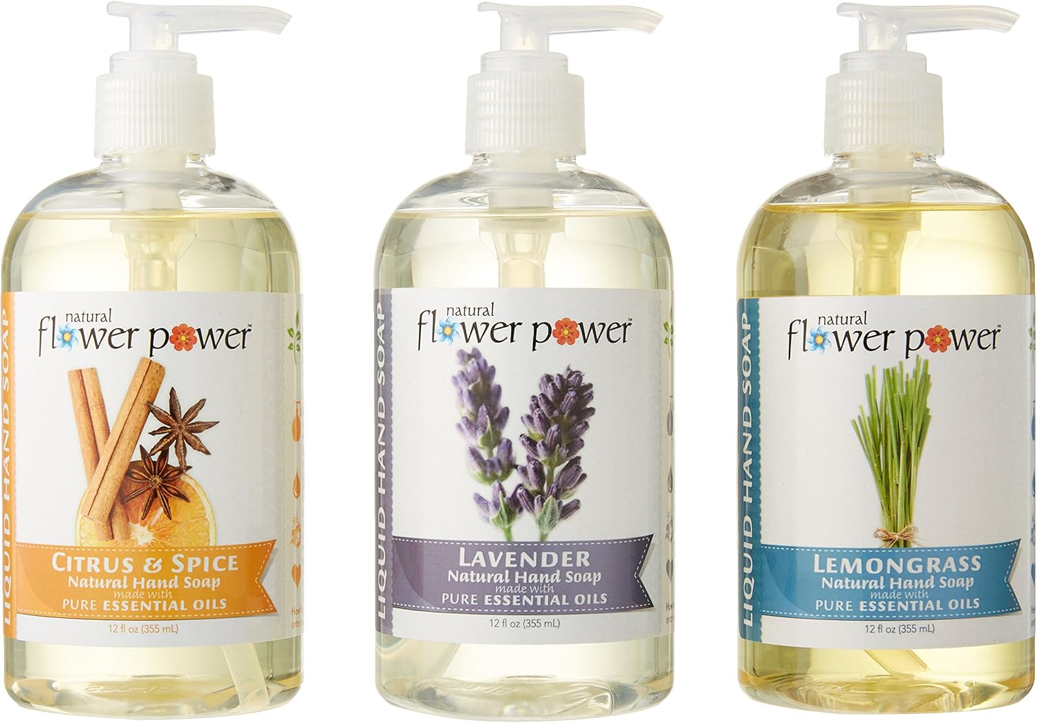 Natural Flower Power - Natural Liquid Hand Soap Variety Pack (Citrus & Spice, Lavender, and Lemongrass), Ph Balanced, Pure Essential Oils, Soft and Moisturizing, Sulfate Free - 12 Ounce (Pack of 3) image number 3