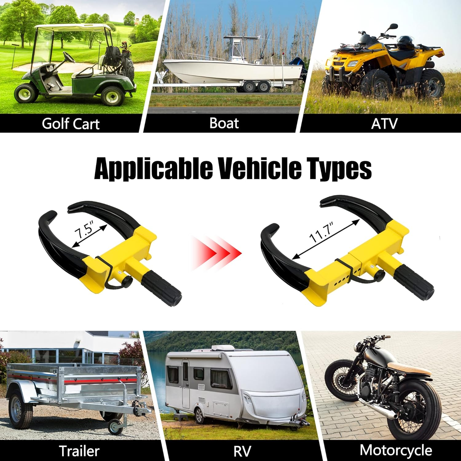 Wheel Clamp Lock Universal Security Tire Lock anti Theft Lock Max 10" Tire Width and 7" Reach for Trailers SUV Boats Atv'S Motorcycles Golf Cart Bright Yellow/Black 2 Keys